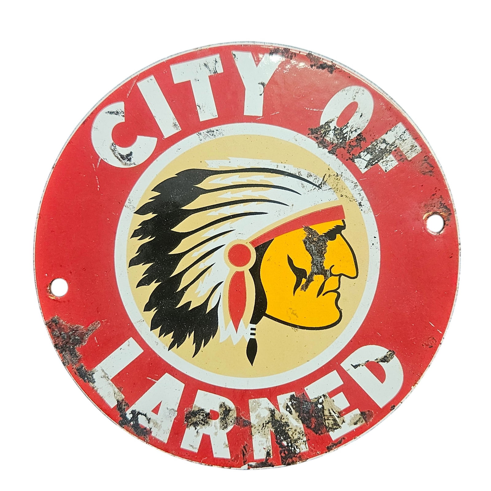 Rare Vintage City of Larned Porcelain Sign with Native American Chief Design - Collector's Piece: This beautifully crafted vintage porcelain sign featuring the phrase 'City of Larned' and a striking image of a Native American chief is a must-have for collectors and enthusiasts of Americana and his