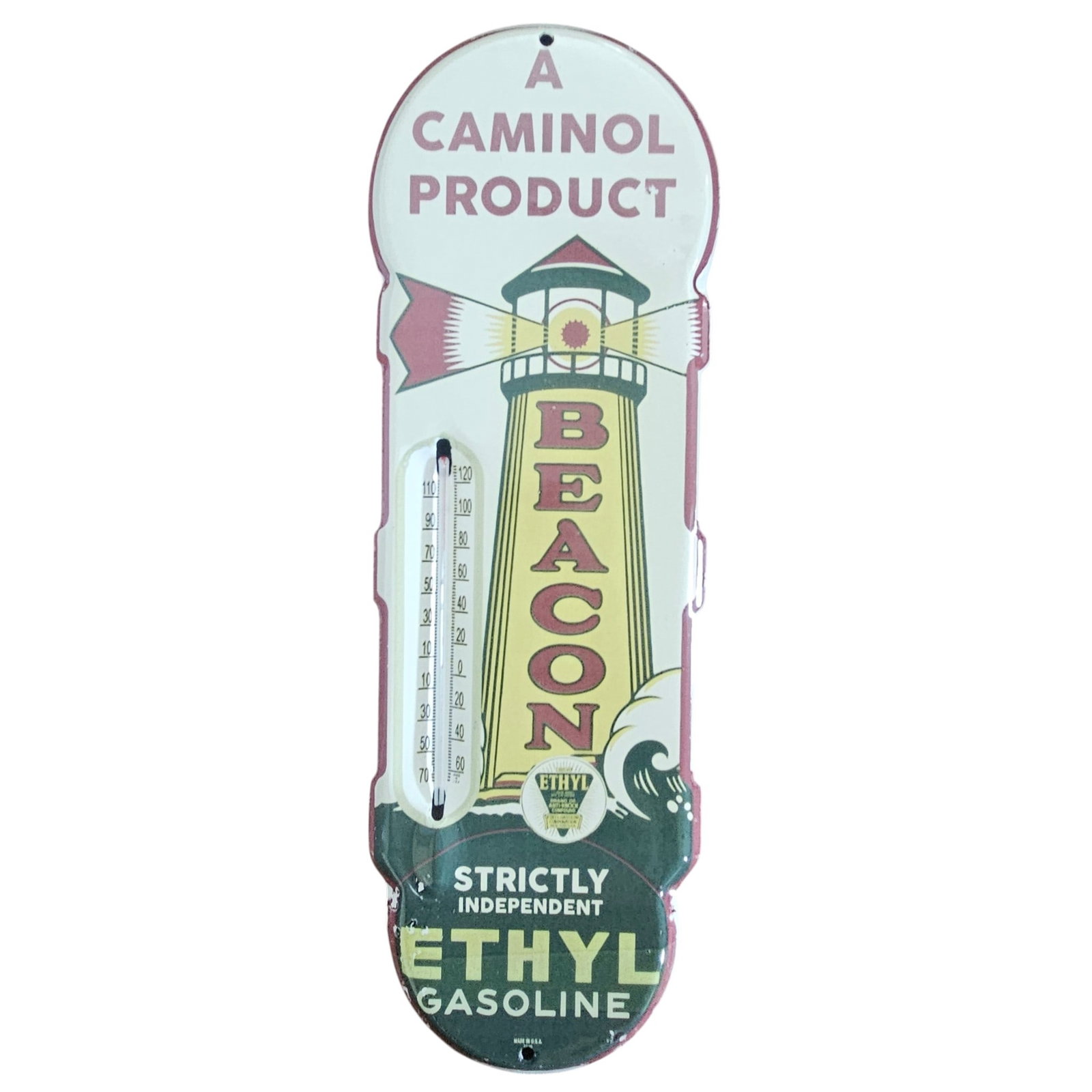 Vintage Caminol Beacon Porcelain Thermometer Sign - Ethyl Gasoline Advertising: This striking vintage porcelain sign is a collector's dream, beautifully crafted as a thermometer advertisement for Caminol's Beacon brand EthylGasoline. With its exceptional design and vivid colors, 