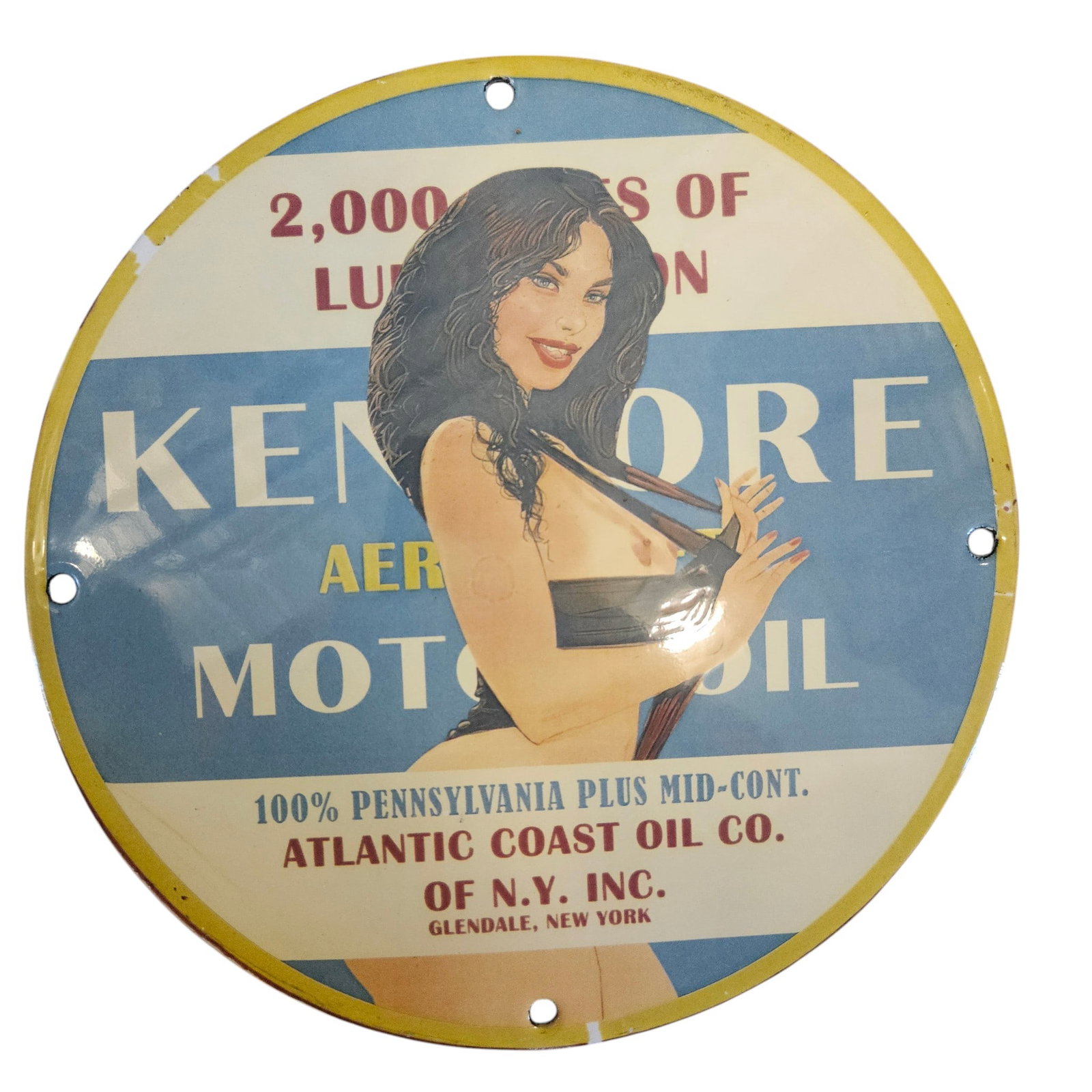 Vintage Kenmore Aerated Motor Oil Porcelain Sign ? Attractive Collectible with Pin-Up Art: ### OverviewThis stunning vintage porcelain sign advertises Kenmore Aerated Motor Oil and features a captivating pin-up style illustration that captures the essence of mid-20th century advertising. Me