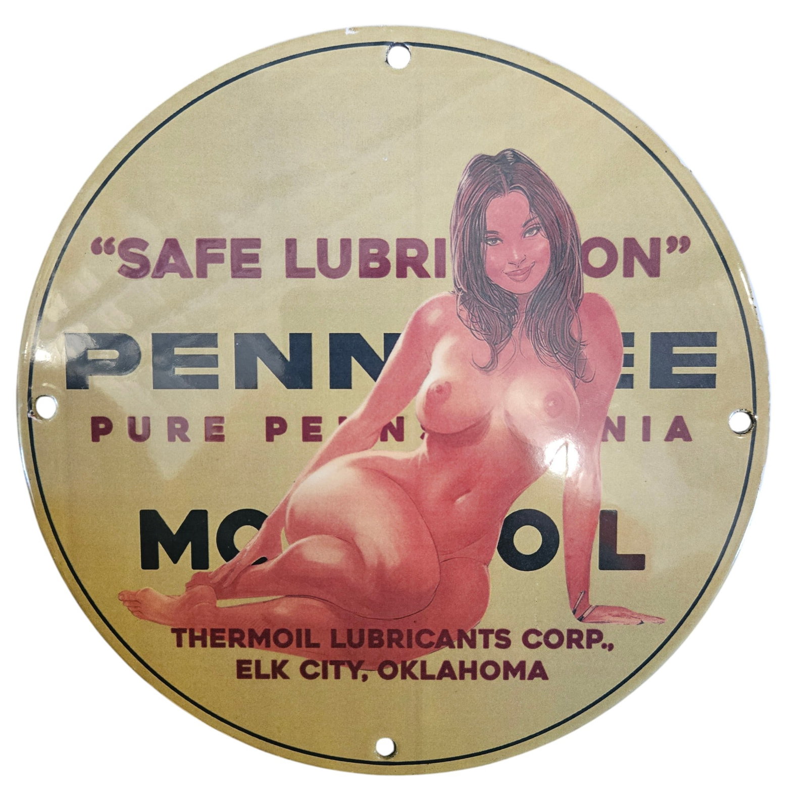 Vintage Porcelain Sign for Pennzoil: Safe Lubrication and Pin-Up Art (Elk City, OK): This remarkable vintage porcelain sign, measuring approximately 12 inches in diameter, captures the essence of mid-century advertising with its eye-catching design and playful pin-up art. Featuring th