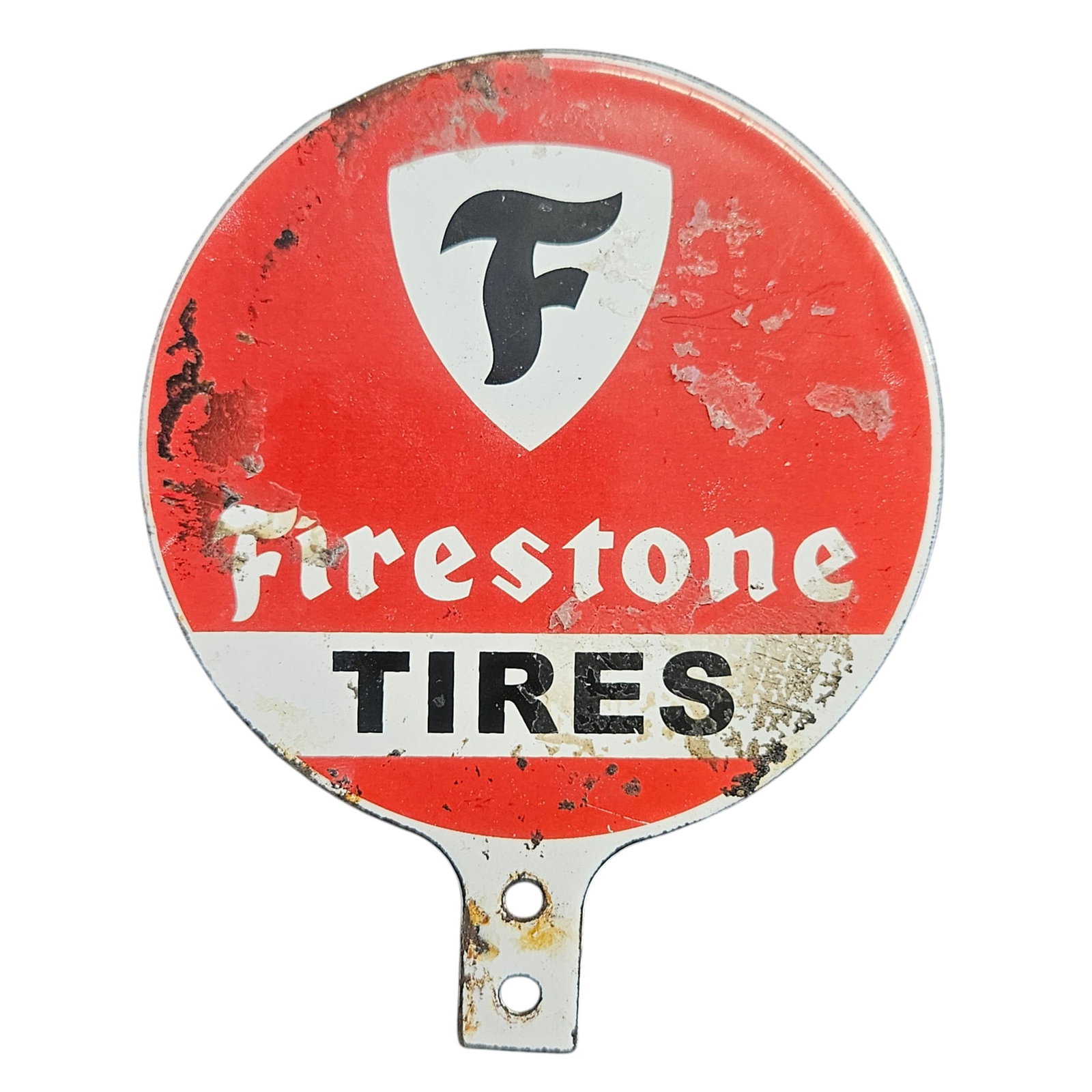 Vintage Firestone Tires Porcelain Sign ? Classic American Memorabilia for Collectors: Discover a stunning piece of automotive history with this vintage Firestone Tires porcelain sign. Renowned for its iconic 'F' logo and vibrant red background, this collectible item captures the essenc
