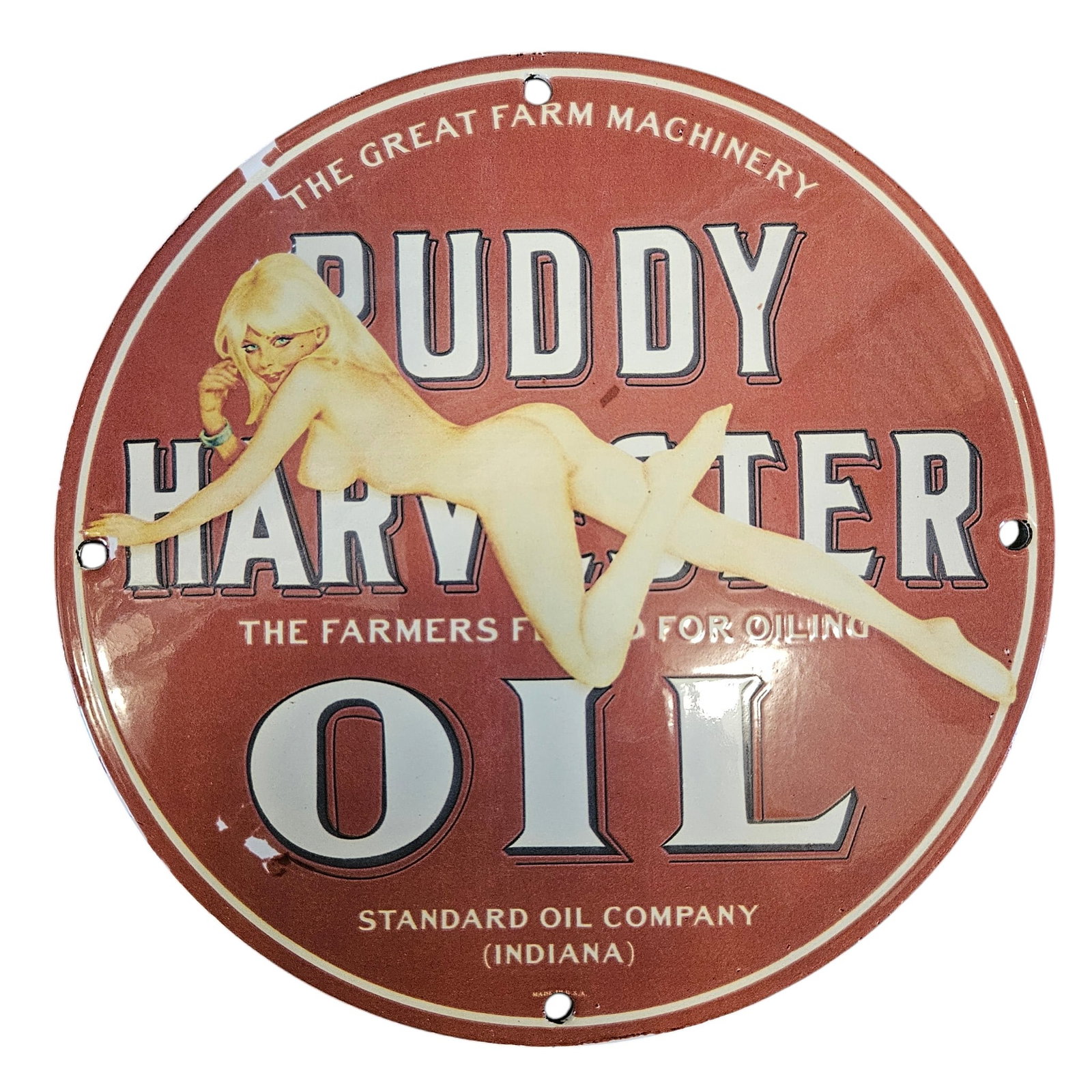 Vintage Buddy Harvester Oil Porcelain Sign - Iconic Farm Machinery Advertising Art (1 of 2)
