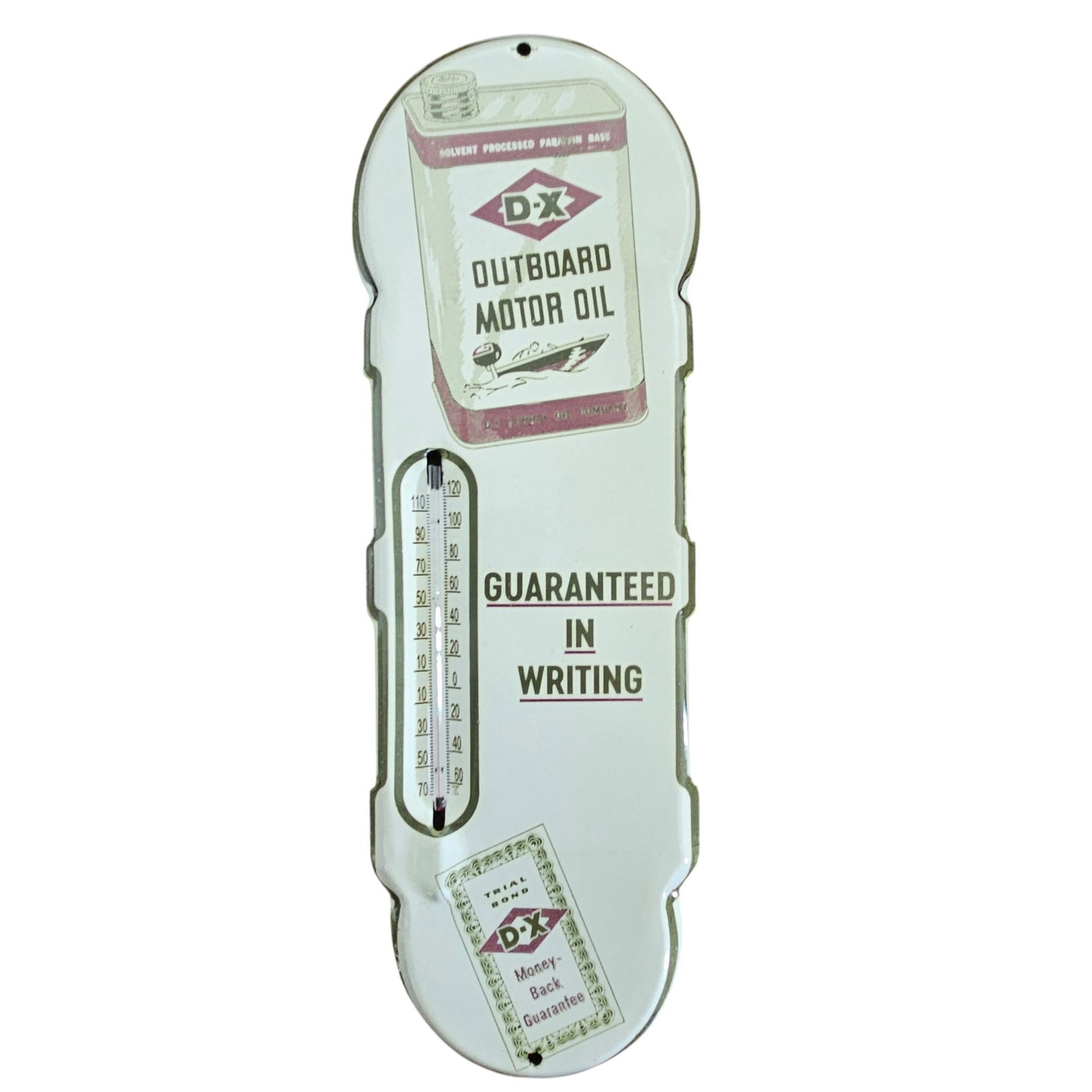 Vintage DX Outboard Motor Oil Porcelain Sign with Thermometer - Guaranteed in Writing: This stunning porcelain sign offers a nostalgic glimpse into vintage motor oil advertising, sure to captivate collectors and enthusiasts alike. Featuring the iconic DX symbol and an eye-catching desig