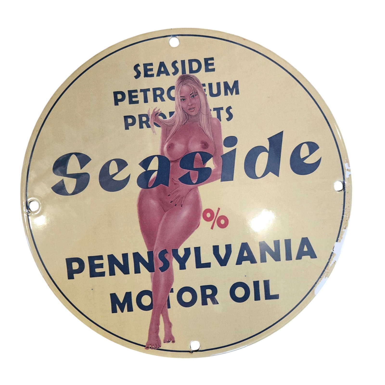 Vintage Seaside Petroleum Products Porcelain Sign ? Classic Pennsylvania Motor Oil: Discover a unique piece of Americana with this vintage porcelain sign from Seaside Petroleum Products. This striking circular sign, with its glossy finish and vibrant colors, features an alluring pin-
