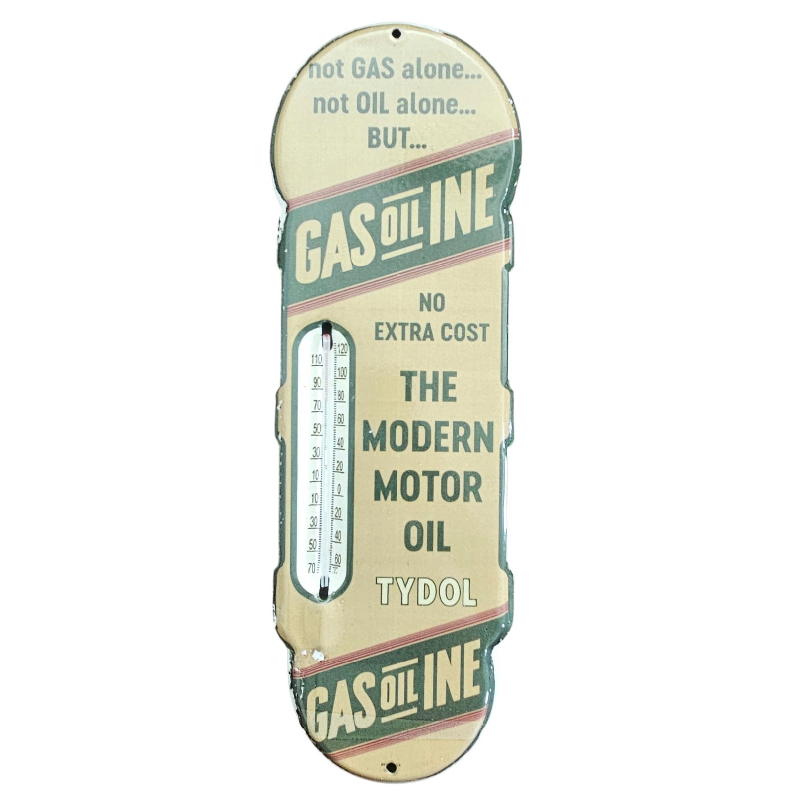 Vintage Tydol Gasoline Porcelain Thermometer Sign - Collectible Oil Advertising: Discover a piece of automotive history with this striking Vintage Tydol Gasoline Porcelain Thermometer Sign. This unique collectible from the era of classic gas stations captures the essence of early 