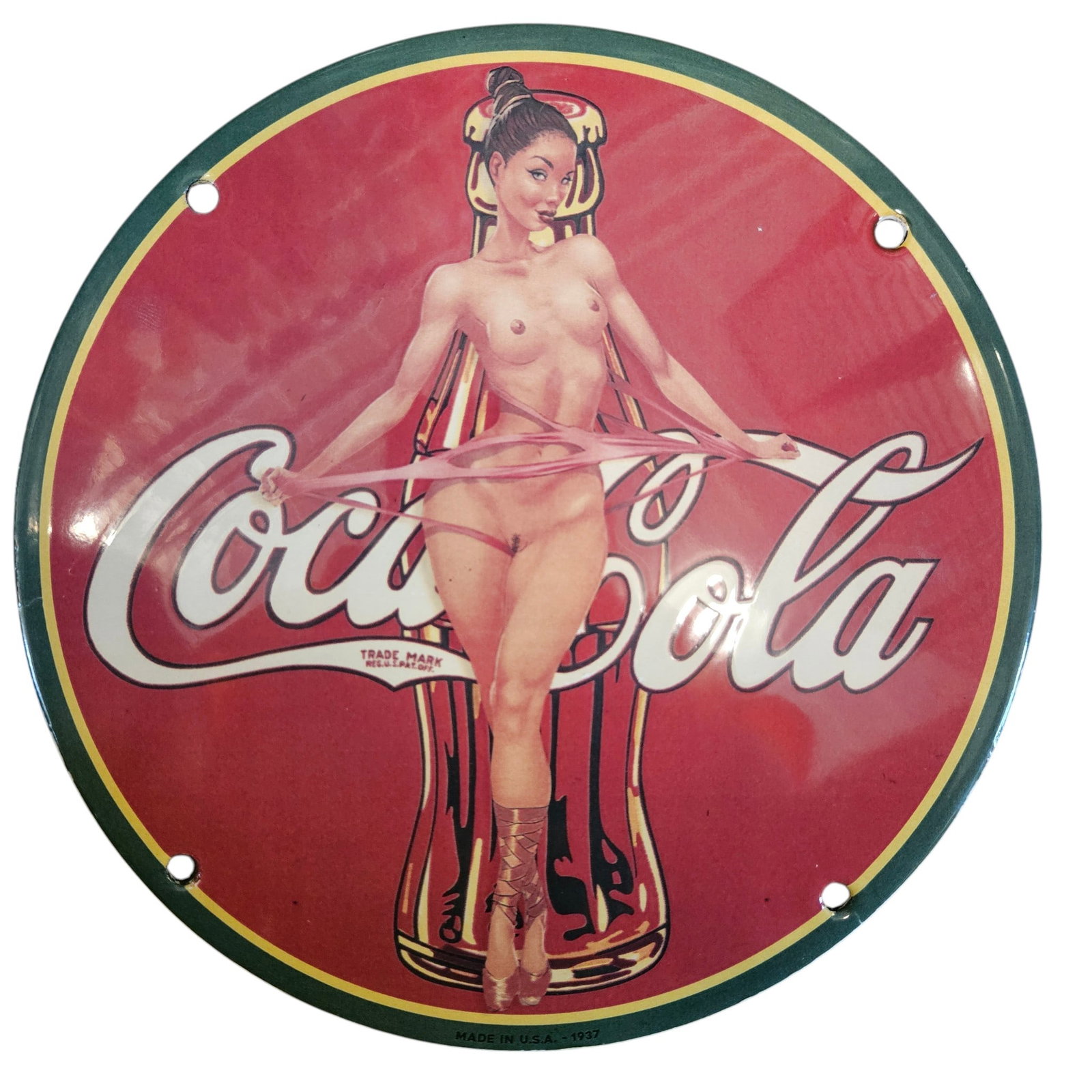 Vintage 1937 Coca-Cola Porcelain Sign with Pin-Up Girl Artwork (1 of 2)