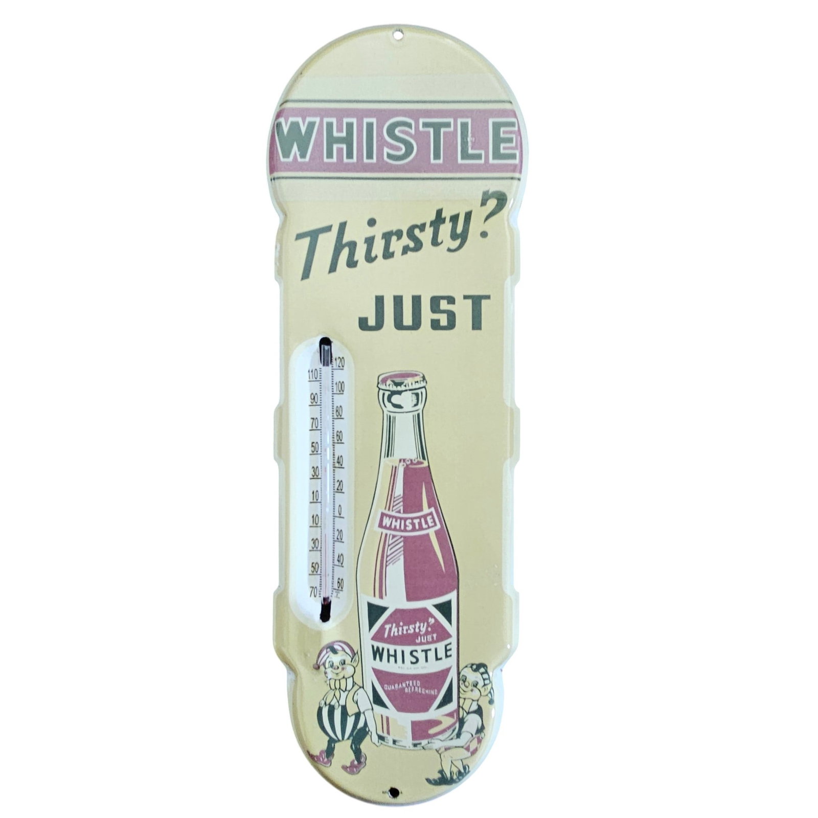 Vintage Porcelain Thermometer Sign: Whistle Soft Drink Advertising - Collectible Memorabilia: Step back in time with this captivating vintage porcelain sign featuring an iconic Whistle soft drink advertisement. Measuring approximately 16 inches in height, this sign is not just a piece of delic