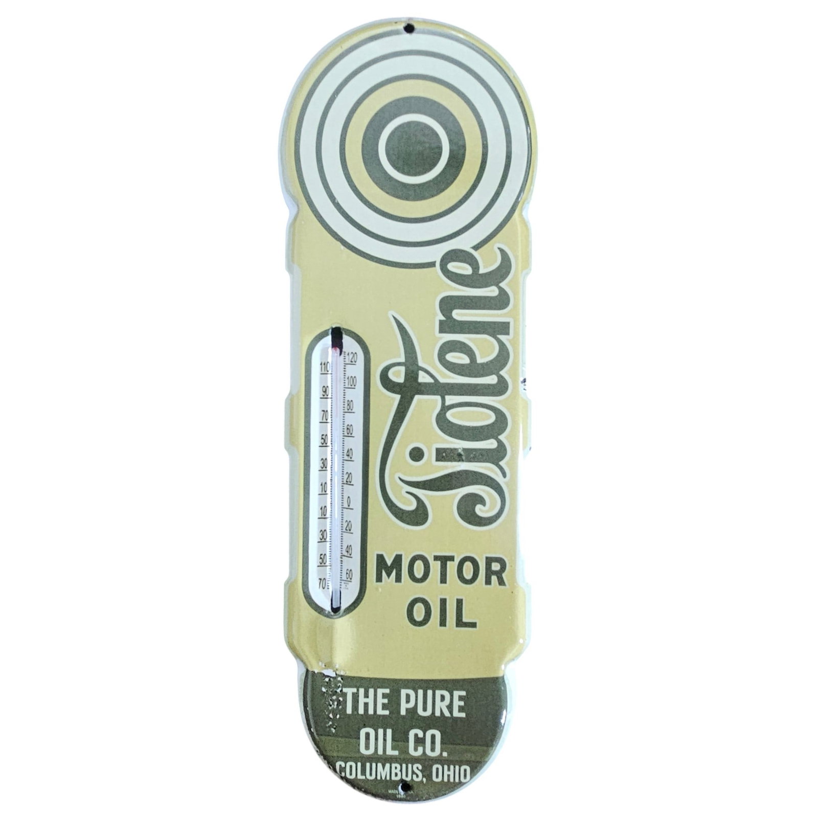 Vintage Tidene Motor Oil Porcelain Thermometer Sign - Rare Automobile Memorabilia: Discover the allure of classic automotive advertising with this vintage Tidene Motor Oil porcelain thermometer sign. Ideal for collectors and enthusiasts, this piece embodies the essence of mid-20th-c