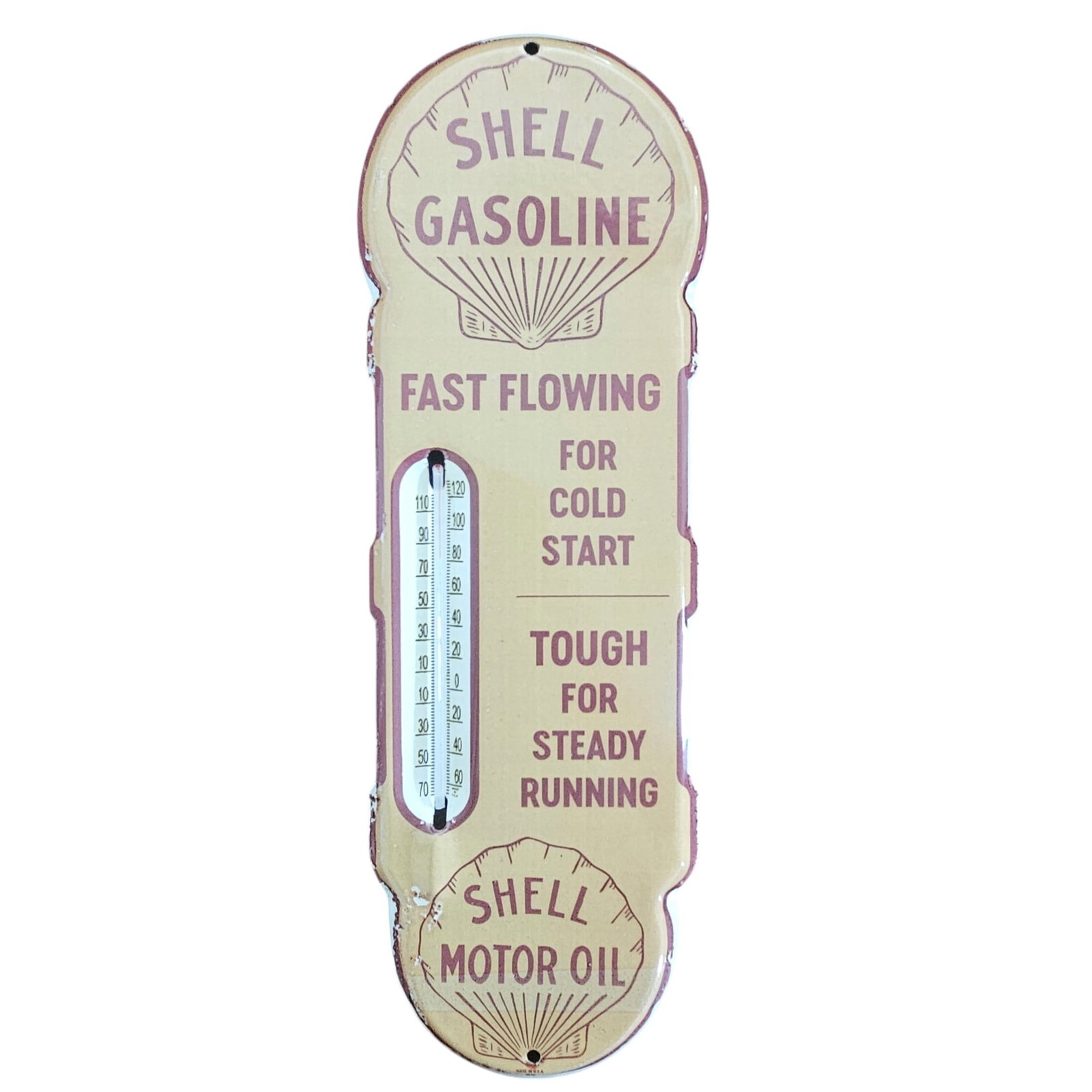 Vintage Shell Gasoline Porcelain Thermometer Sign - Fast Flowing for Cold Start: This exquisite vintage Shell Gasoline porcelain thermometer sign is a nostalgic piece of automotive advertising that captures the essence of mid-20th century branding. Perfect for collectors and enthu