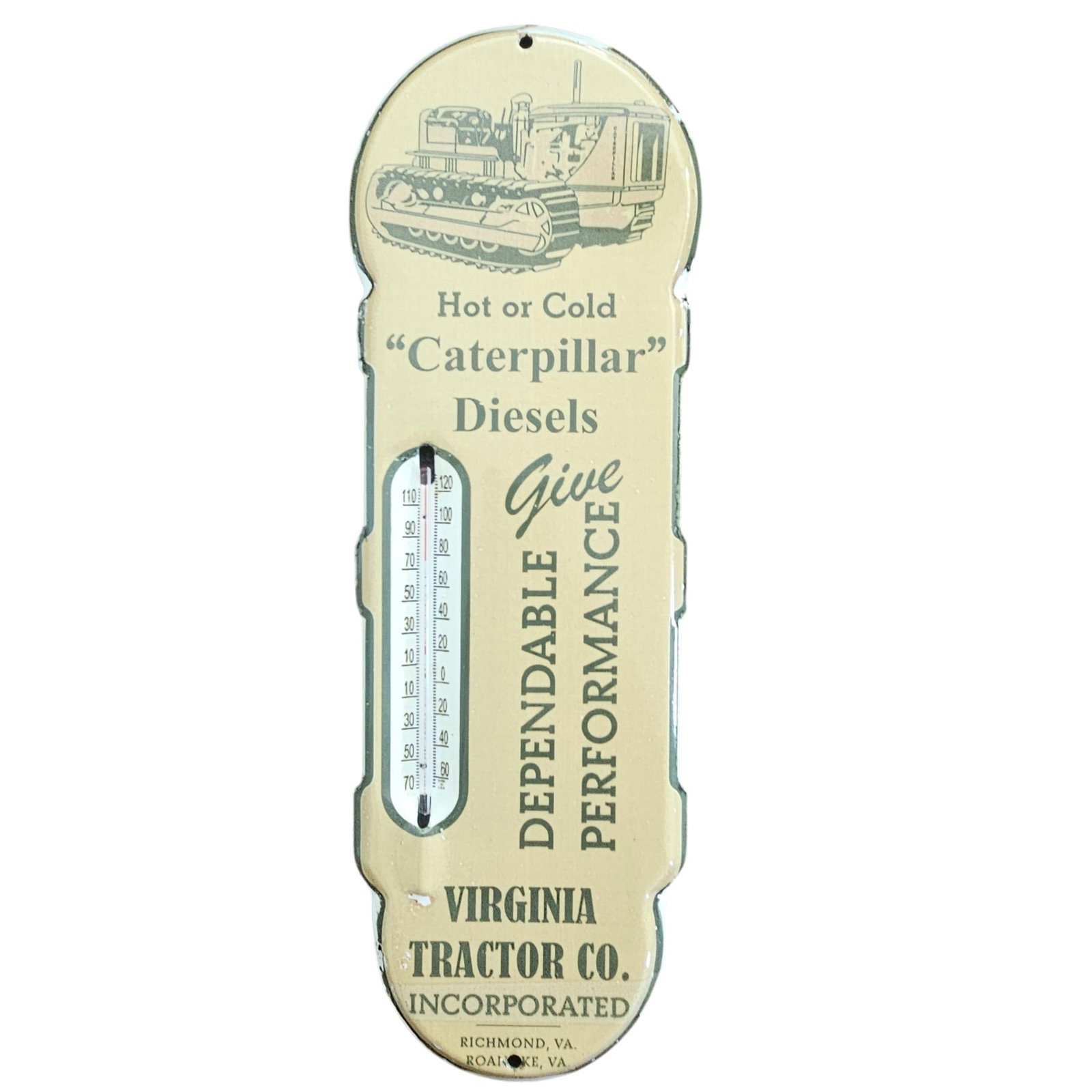 Vintage Caterpillar Diesel Thermometer Porcelain Sign - Virginia Tractor Co. (1 of 2)