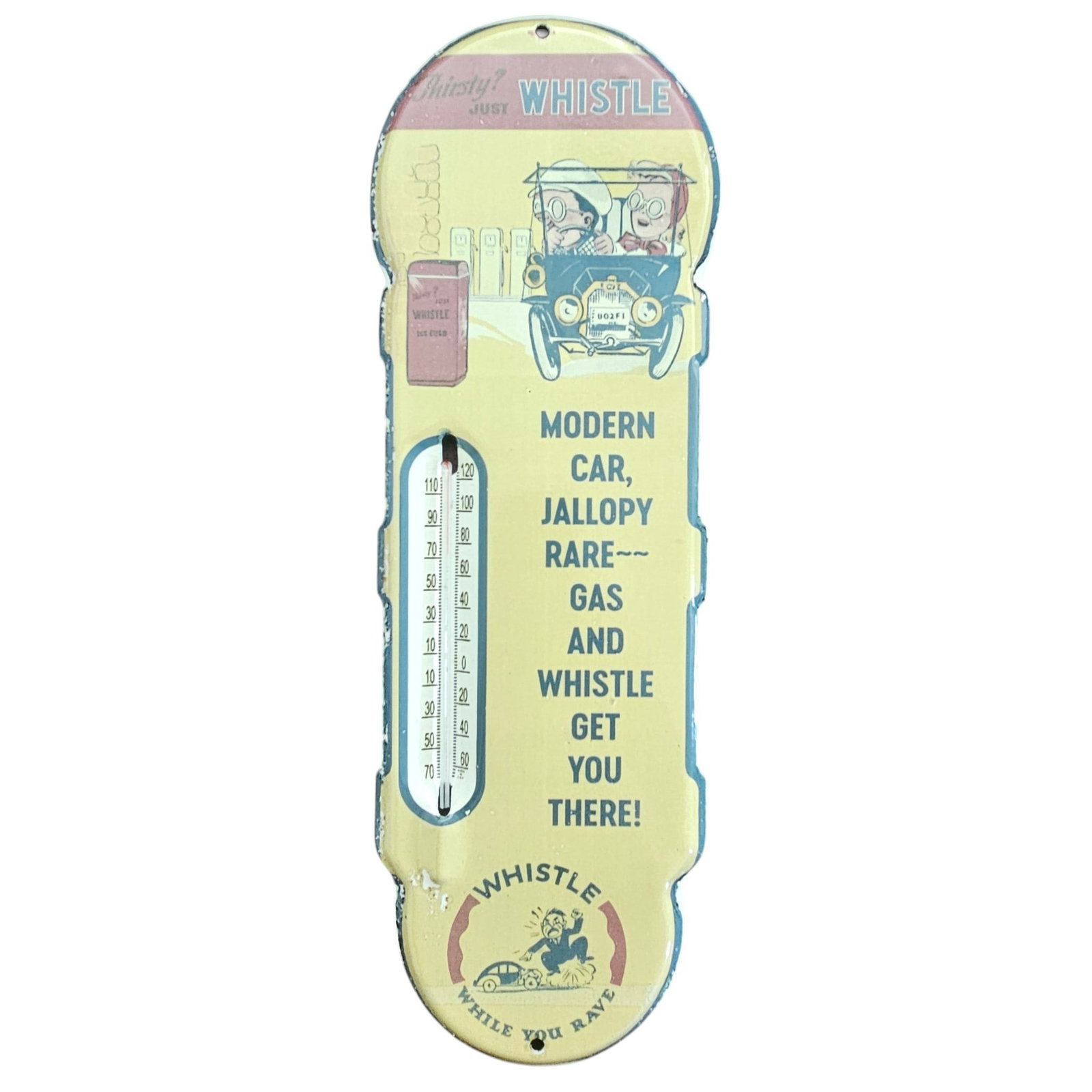 Vintage Porcelain Thermometer Sign: Modern Car, Jallopy Rare, Gas & Whistle: This vintage porcelain sign captures the essence of early 20th-century American automotive culture, merging functionality with unique aesthetics. Ideal for collectors, enthusiasts, and those seeking n