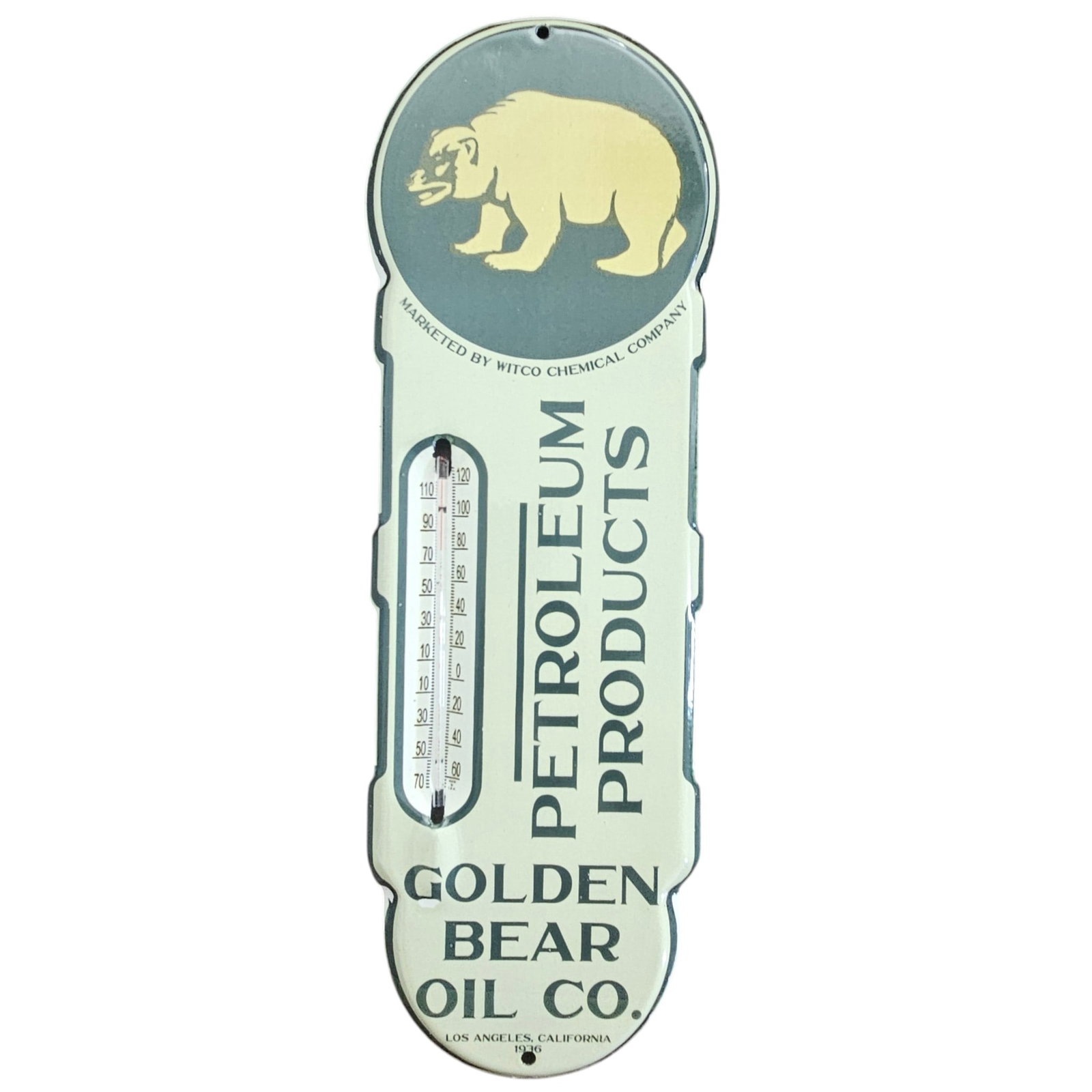 Vintage Golden Bear Oil Company Porcelain Sign - Petroleum Products Thermometer: Discover a piece of history with this stunning vintage porcelain sign from the Golden Bear Oil Company, elegantly designed to showcase ?PETROLEUM PRODUCTS?. This unique collectible not only adds vinta