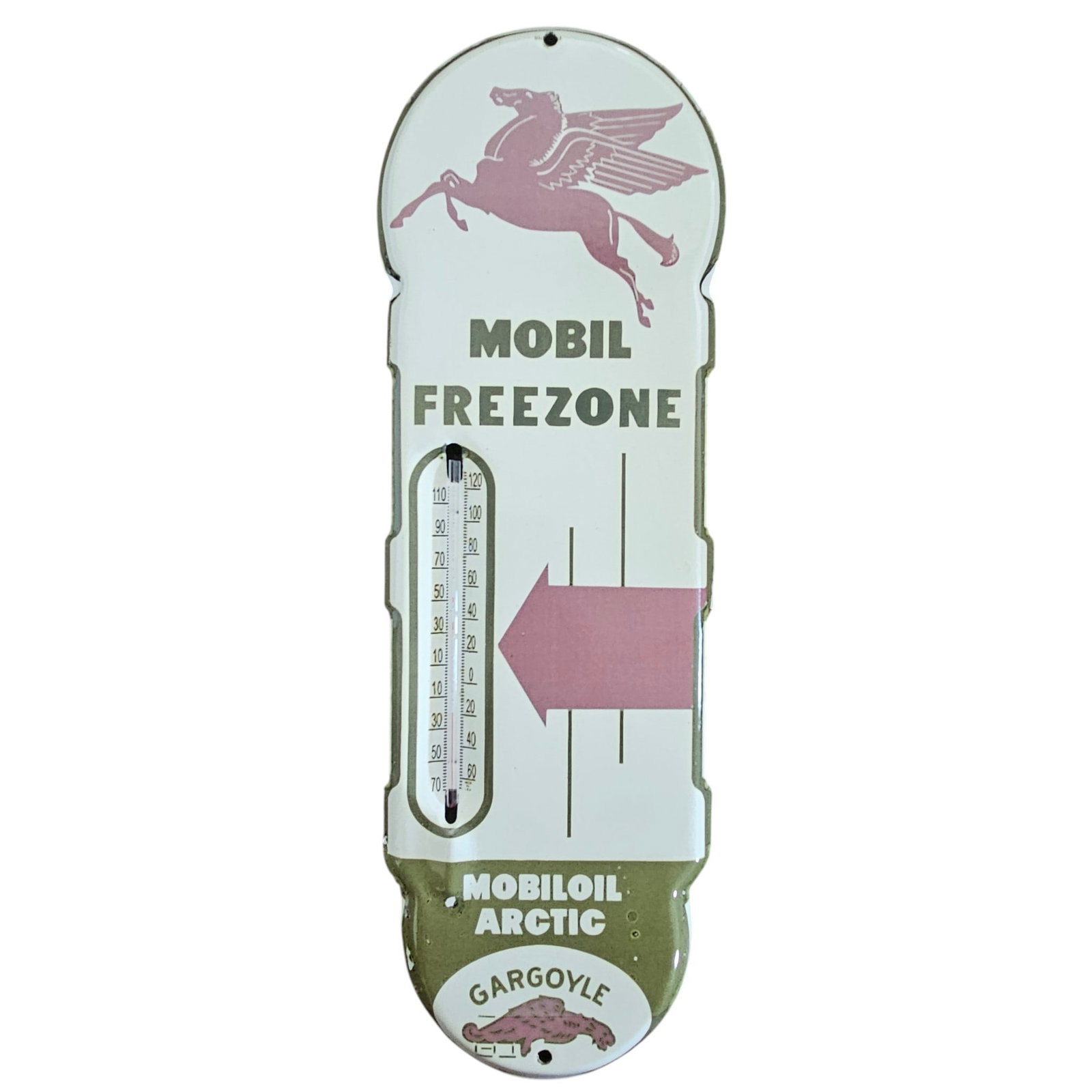 Vintage Mobil Freezone Porcelain Sign with Gargoyle Design - Rare Collectible: Discover the charm of this vintage Mobil Freezone porcelain sign, a rare collectible that embodies the nostalgic essence of mid-20th century advertising. This striking piece features the iconic Mobil 