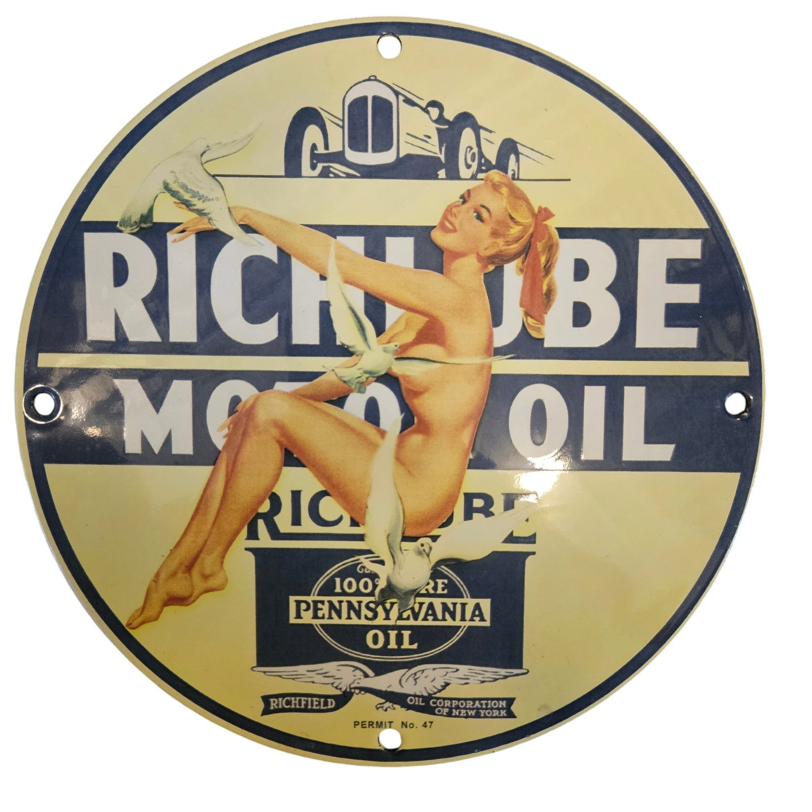 Vintage Richlube Motor Oil Porcelain Sign - A Rare Piece of Advertising History: The Richlube Motor Oil porcelain sign is not just a piece of advertising; it's a collectible treasure steeped in nostalgia and history. Made by the Richfield Oil Corporation of New York, this beautifu