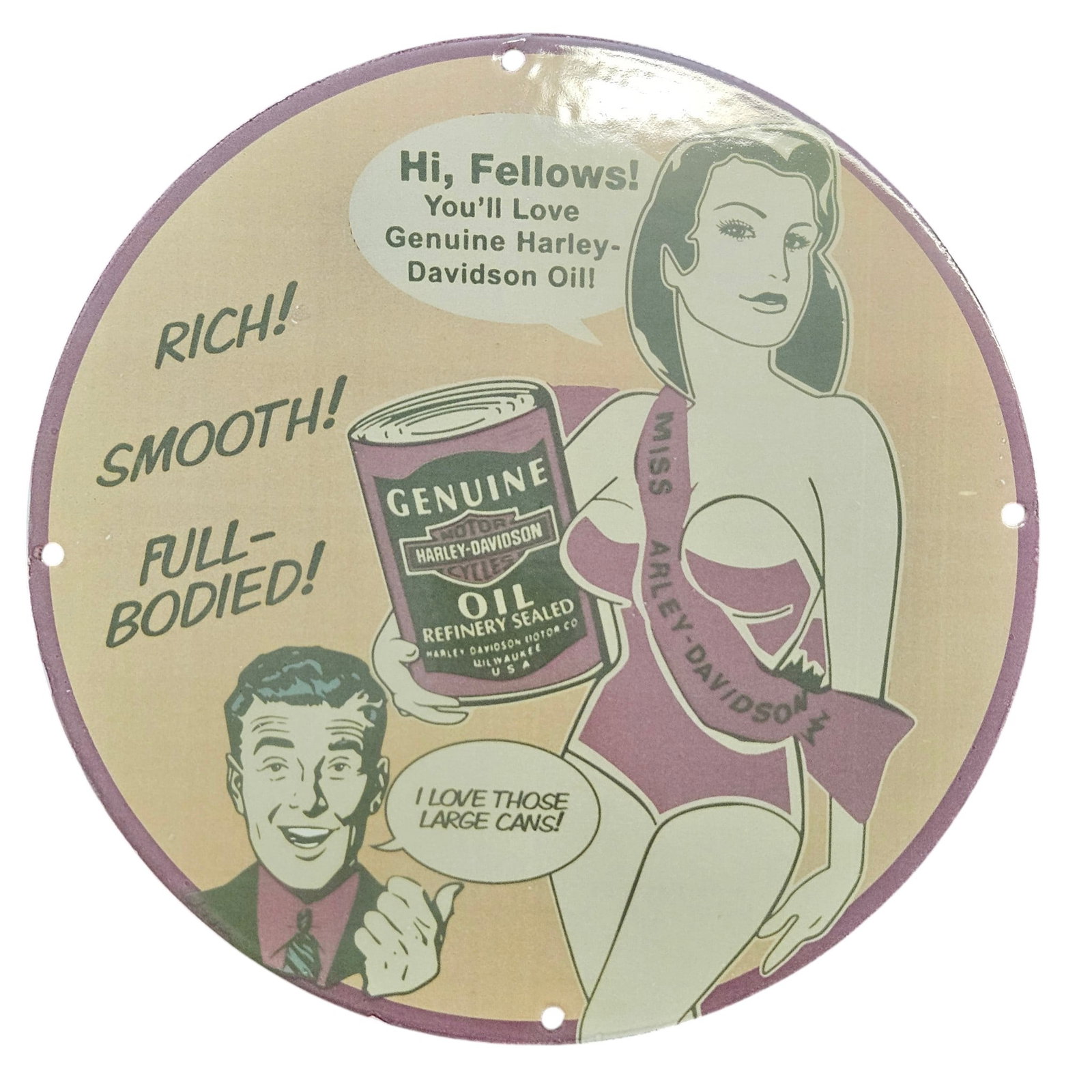Vintage Harley-Davidson Porcelain Sign: Genuine Oil, Miss Harley-Davidson: This eye-catching vintage porcelain sign features a playful and nostalgic design that celebrates the iconic Harley-Davidson brand. Perfect for collectors and enthusiasts, this sign showcases a classic