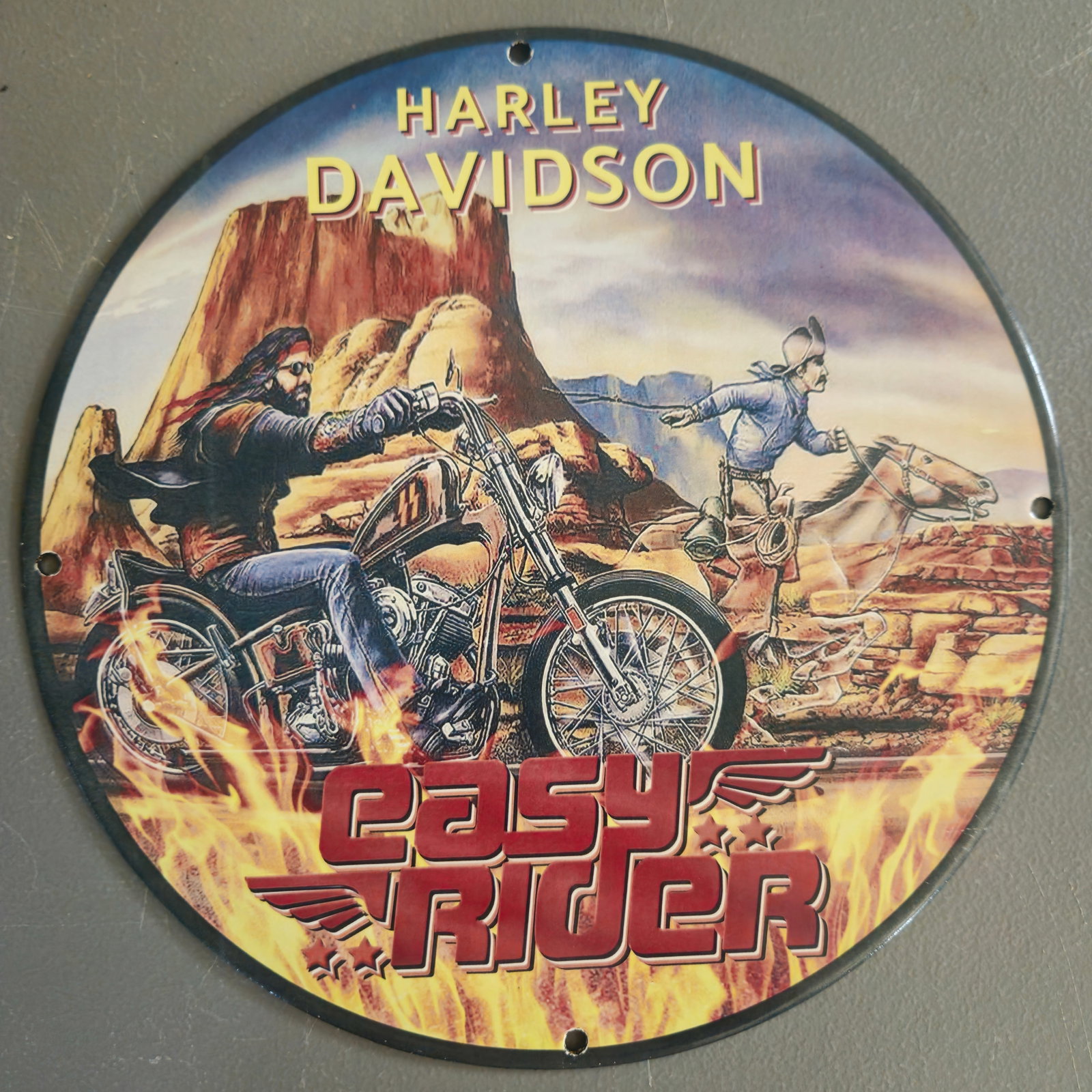 Vintage Harley Davidson Easy Rider Porcelain Sign - Iconic Motorcycle Art: This striking porcelain sign features the legendary "Easy Rider" theme, capturing the spirit of freedom and adventure associated with Harley Davidson motorcycles. With vibrant colors and intricate det
