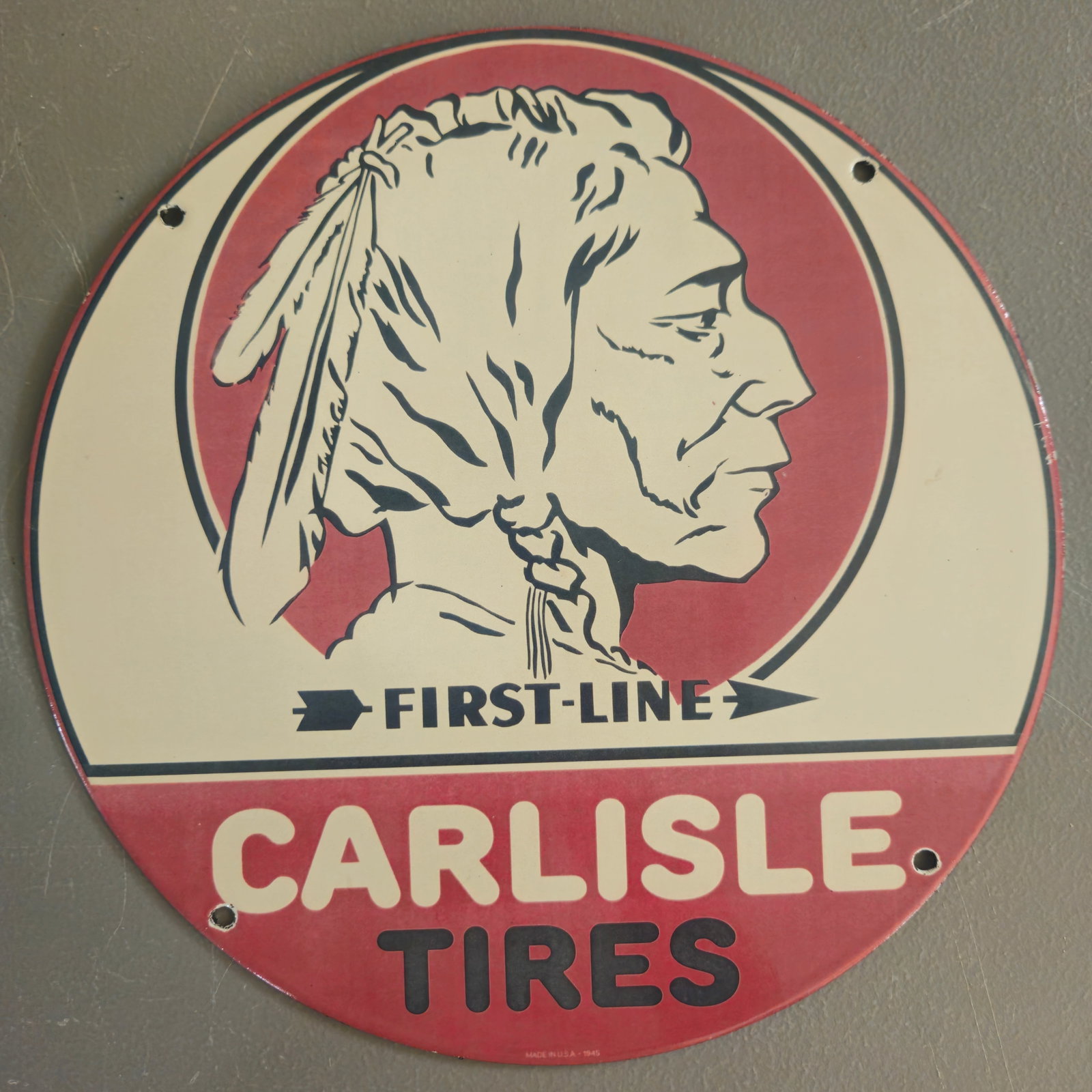 Vintage Carlisle Tires Porcelain Sign - Collector's Gem with Native American Motif: This exquisite vintage porcelain sign, featuring the iconic 'Carlisle Tires' branding, is a stunning piece of Americana that would make a perfect addition to any collection. The sign showcases an arti