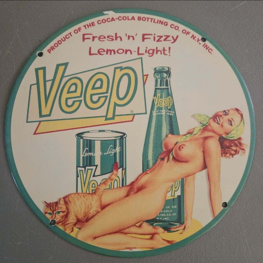 Vintage Veep Lemon-Light Porcelain Sign ? Rare Coca-Cola Advertising Collectible: Discover a piece of history with this stunning vintage porcelain sign featuring 'Veep Fresh 'n' Fizzy Lemon-Light.' As a product of the Coca-Cola Bottling Company of New York, this collectible is not 