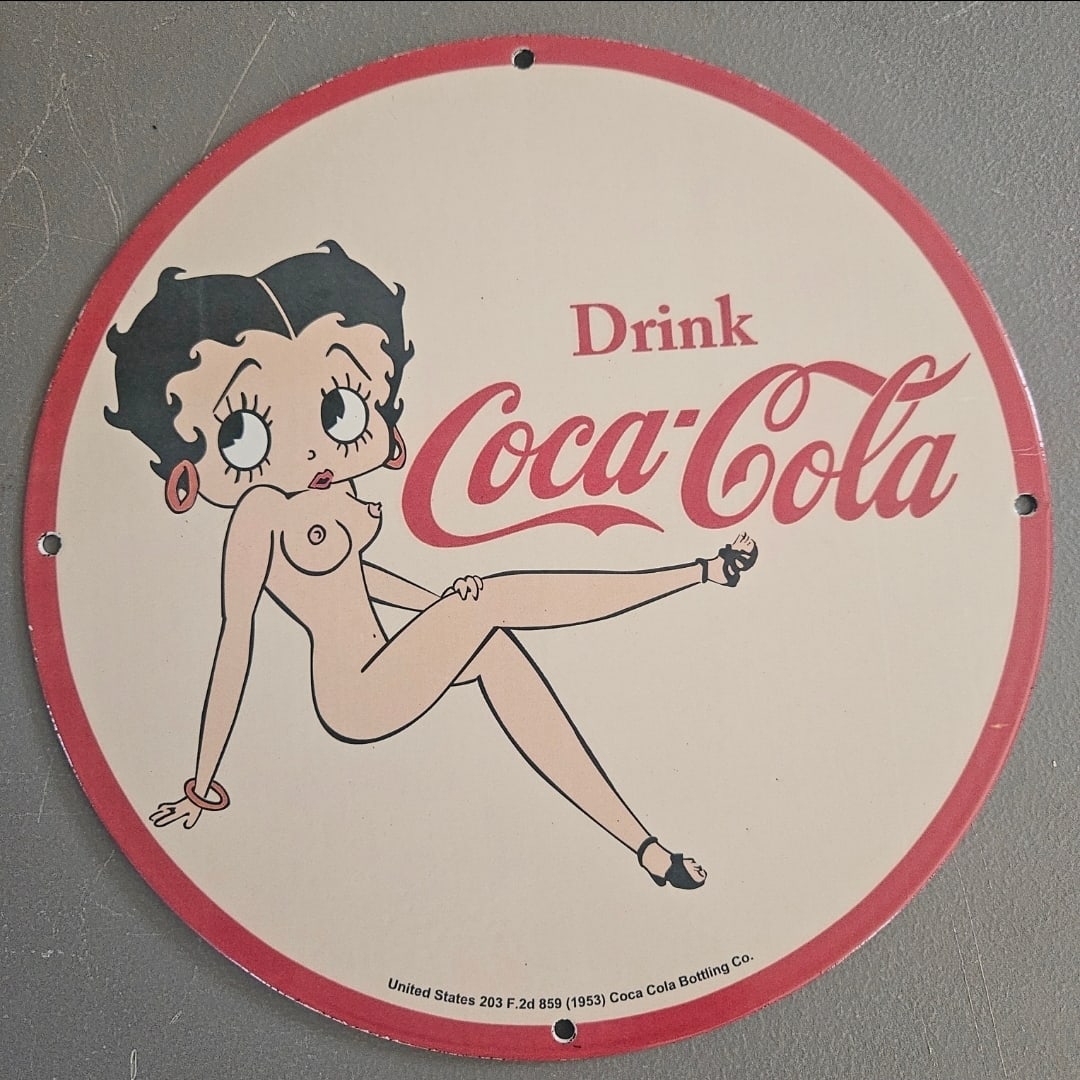 Vintage Coca-Cola Porcelain Sign Featuring Iconic Betty Boop - 1950s Artwork (1 of 2)