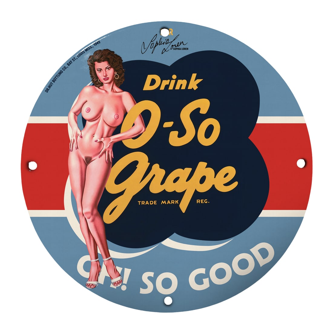 Vintage 12-Inch Round Porcelain Pinup Girl Sign - O-So Grape Beverage: Elevate your space with this stunning Vintage 12-Inch Round Porcelain Pinup Girl Sign featuring an alluring depiction of a classic pinup girl promoting 'O-So Grape' soda. Crafted from high-quality por