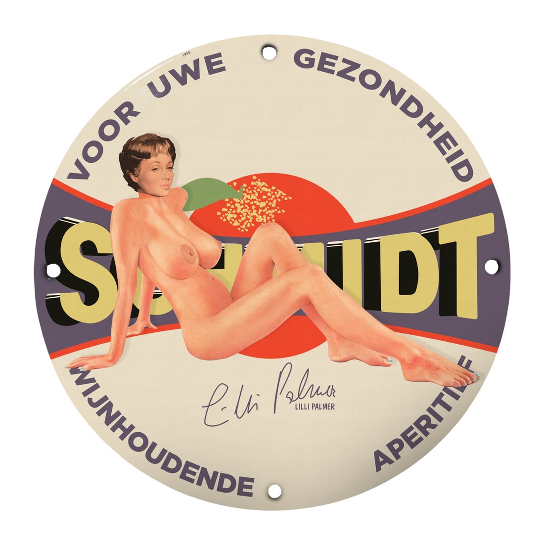 Vintage 12" Round Porcelain Pinup Girl Model Sign - Lilli Palmer Art (1 of 1)
