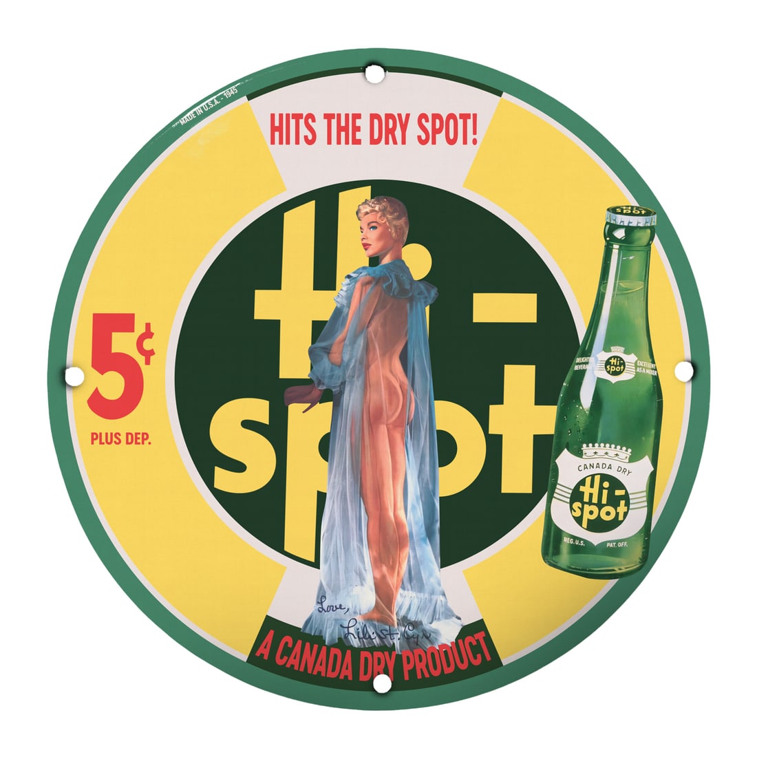 Vintage Hi-Spot Pinup Girl Porcelain Sign - Retro Advertising Decor: Discover a piece of nostalgia with this 12-inch round porcelain pinup girl model sign featuring the classic Hi-Spot advertisement. Perfect for collectors, retro-themed decor enthusiasts, or anyone who