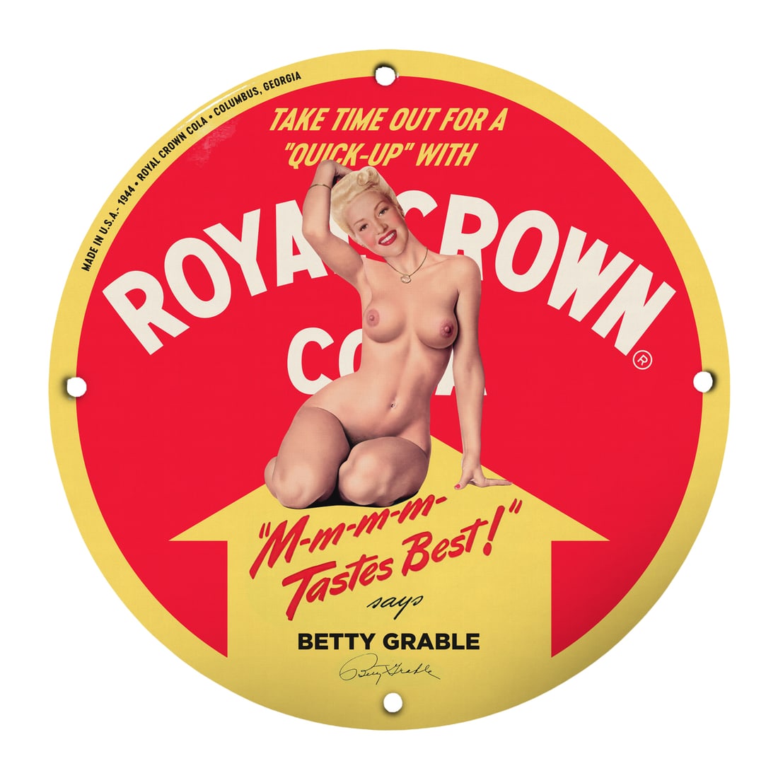 Vintage Royal Crown Cola Pinup Girl Sign - Betty Grable 12" Porcelain Art: Step into a world of nostalgia with our stunning 12" round porcelain sign featuring the iconic pinup girl Betty Grable, promoting Royal Crown Cola. This vintage-inspired wall art perfectly captures th