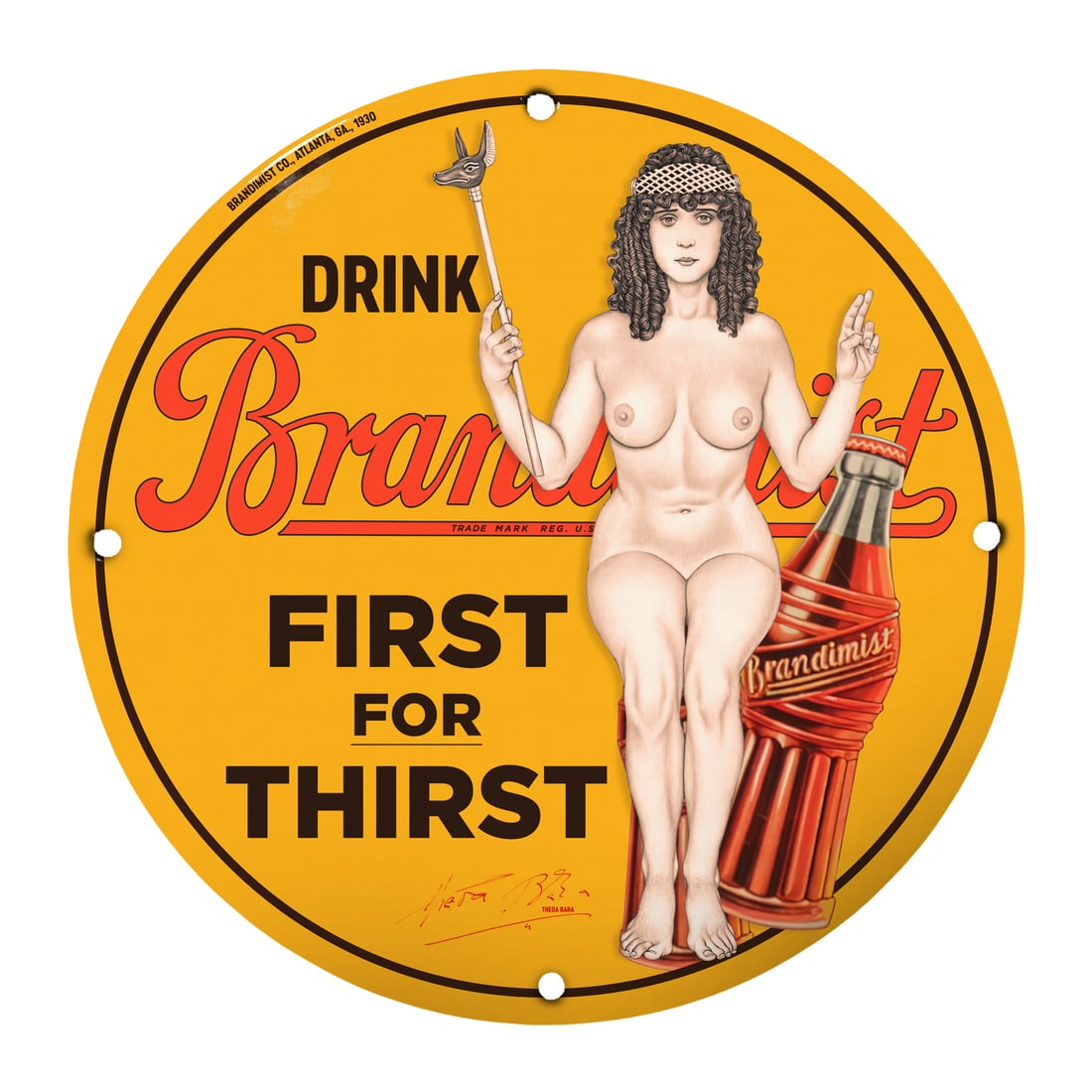 Vintage Porcelain Pinup Girl Sign - Drink Brandimist - First for Thirst: Embrace nostalgia with our stunning 12-inch round porcelain pinup girl model sign featuring the iconic illustration of a vintage pinup girl, promoting the delicious Brandimist drink. This sign is an e
