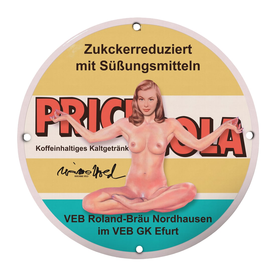 Vintage Pin-Up Girl Porcelain Sign - PRICCOLA Caffeinated Beverage Art: Discover the allure of classic Americana with this stunning 12-inch round porcelain sign featuring a striking pinup girl design. This eye-catching piece is not just a decoration; it?s an icon of vinta
