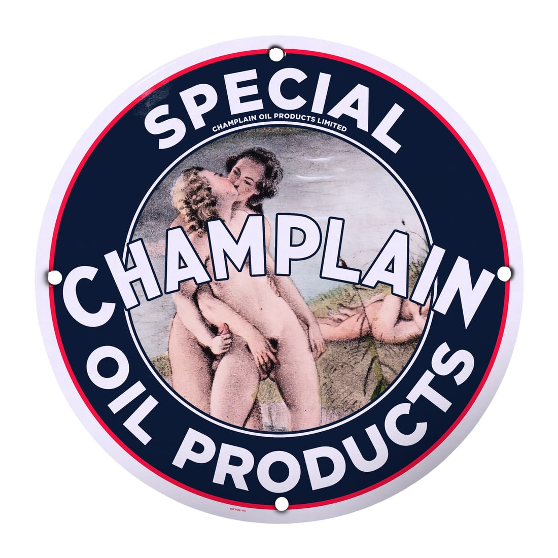 Champlain Oil Products Vintage Pinup Girl Porcelain Sign - 12" Round: This gorgeous 12-inch round porcelain sign showcases a striking vintage pinup girl design from Champlain Oil Products. Featuring a beautiful, nostalgic illustration of an erotic scene, this sign embod