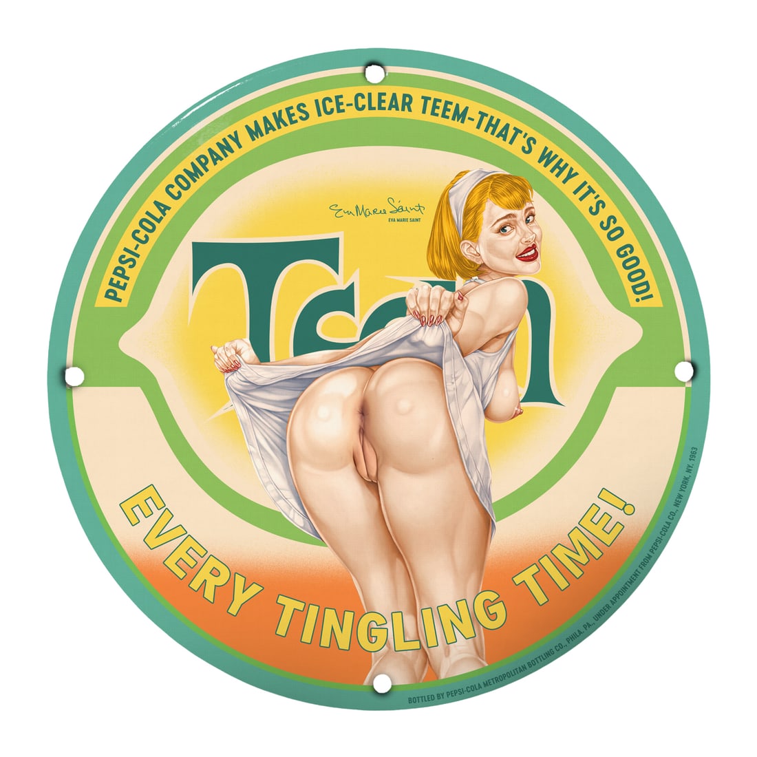 Vintage Pinup Girl Porcelain Sign - Teem Soda Retro Artwork: Elevate your collection with this stunning 12-inch round porcelain pinup girl sign, featuring captivating artwork that captures the playful essence of mid-20th century advertising. Designed with intri