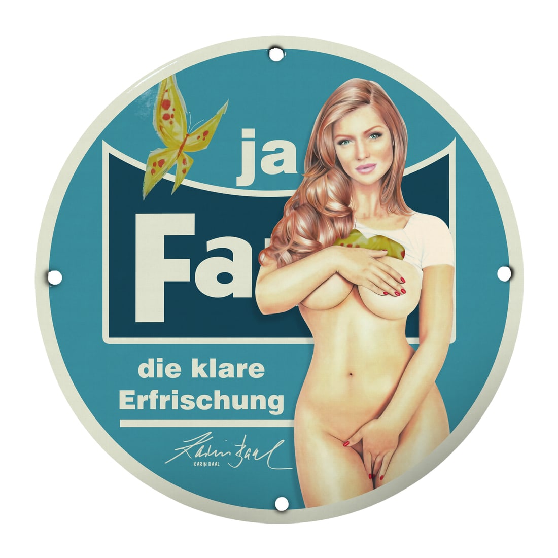 Vintage Pin-Up Girl Porcelain Sign - Ja Fa Die Klare Erfrischung 12" Round Decor (1 of 1)