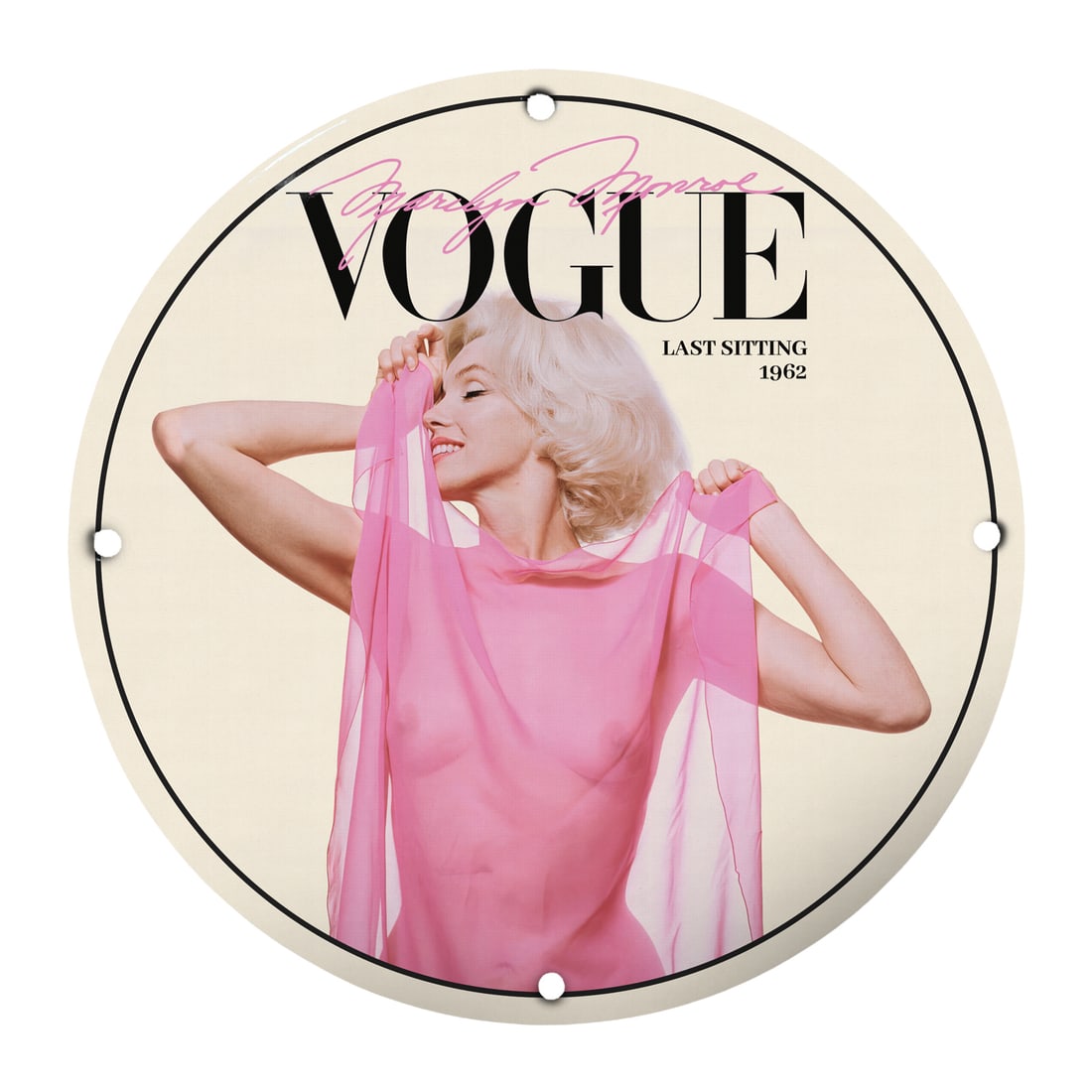 Vintage Marilyn Monroe Vogue Sign - Timeless Pinup Art for Collectors: This stunning 12-inch round porcelain sign features an iconic image of the legendary Marilyn Monroe, inspired by the famous Vogue magazine cover from the Last Sitting in 1962. With its vibrant depicti