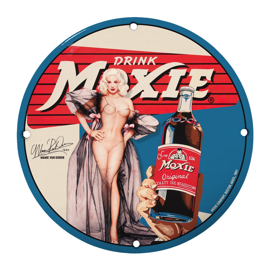 Vintage Mamie Van Doren Moxie Pin-Up Girl Porcelain Sign - 12" Round Collectible Art: Welcome to your opportunity to enhance your vintage decor with this stunning 12-inch round porcelain pinup girl model sign, featuring the iconic Mamie Van Doren and the classic Moxie beverage branding