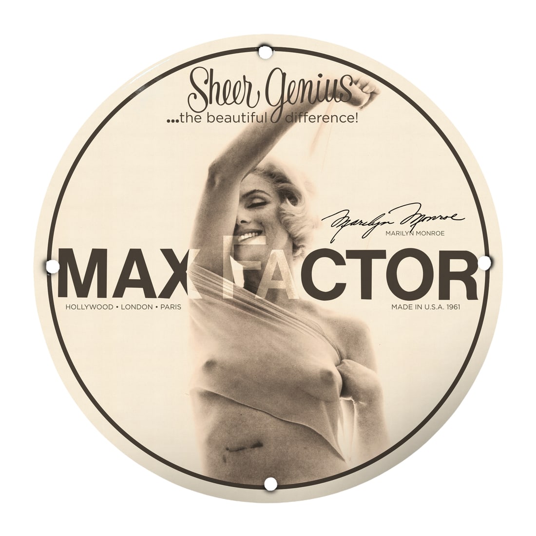 Max Factor Marilyn Monroe Pinup Girl Porcelain Sign ? Vintage Beauty Icon: Step into a world of glamour and nostalgia with this captivating 12-inch round porcelain sign featuring the enchanting Marilyn Monroe. This exquisite piece of wall art highlights one of the most iconi