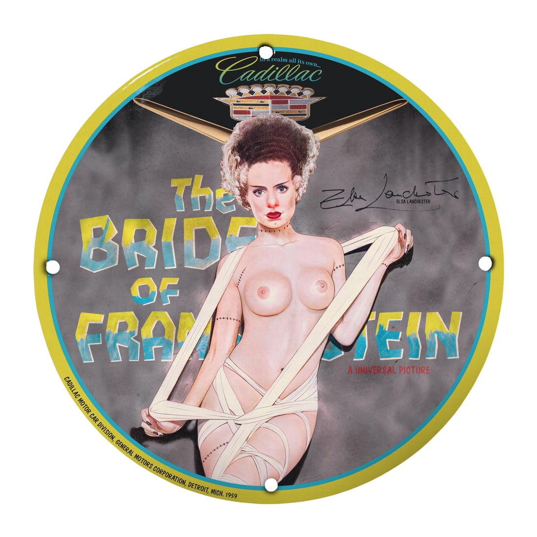 Vintage Pinup Sign: The Bride of Frankenstein 12" Round Porcelain Collectible: Transform your space with this stunning 12-inch round porcelain sign featuring the iconic image of The Bride of Frankenstein. This unique piece captures the essence of classic horror movies and pinup 