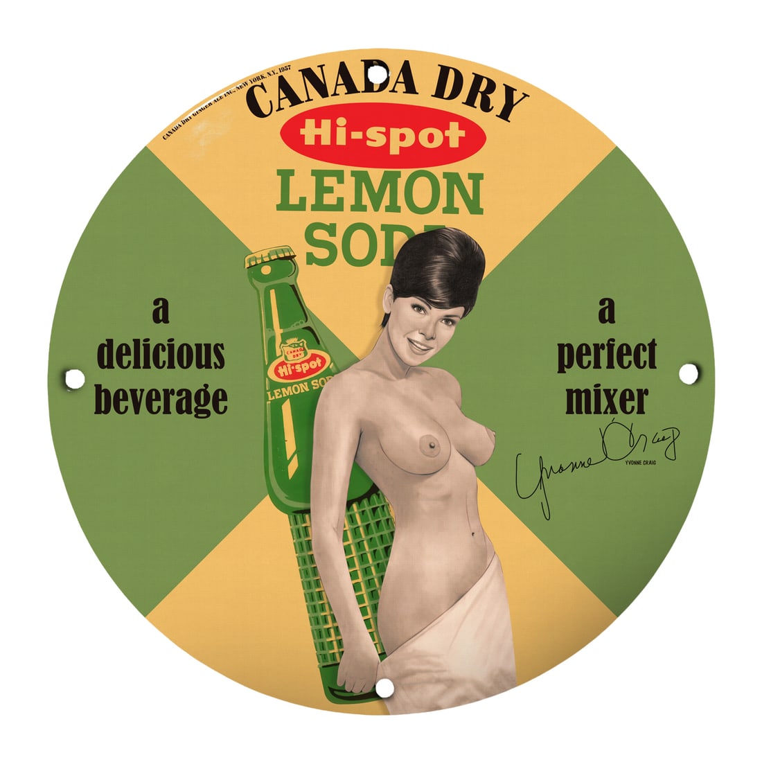 Vintage 12" Round Porcelain Pinup Girl Canada Dry Lemon Soda Sign - Collector's Item: Indulge in a slice of nostalgia with this stunning 12-inch round porcelain pinup girl model sign featuring a playful advertisement for Canada Dry's Hi-spot Lemon Soda. This unique collectible combines