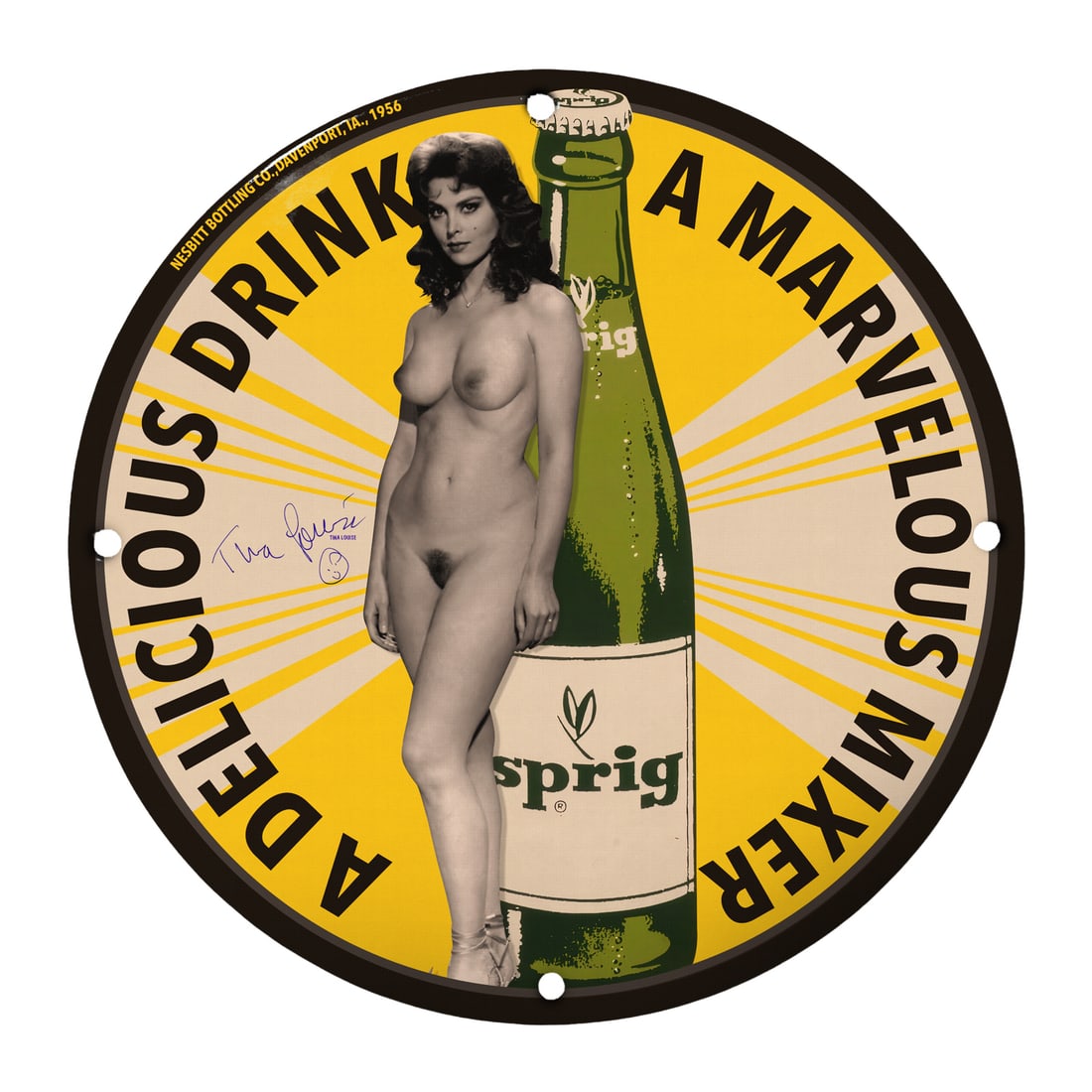 Vintage 1956 Pinup Girl Porcelain Sign - A Delicious Drink with Sprig Soda: Discover this stunning 12" round porcelain pinup girl model sign from 1956, featuring a striking image of a vintage pinup girl standing confidently beside a classic Sprig soda bottle. This unique piec