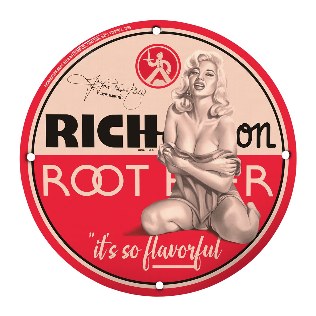 Classic Jayne Mansfield Pinup Porcelain Sign - Rich on Root Beer: Indulge in a nostalgic piece of Americana with this stunning 12-inch round porcelain pinup girl model sign featuring the iconic Jayne Mansfield. This richly colored sign, depicting the glamorous actre