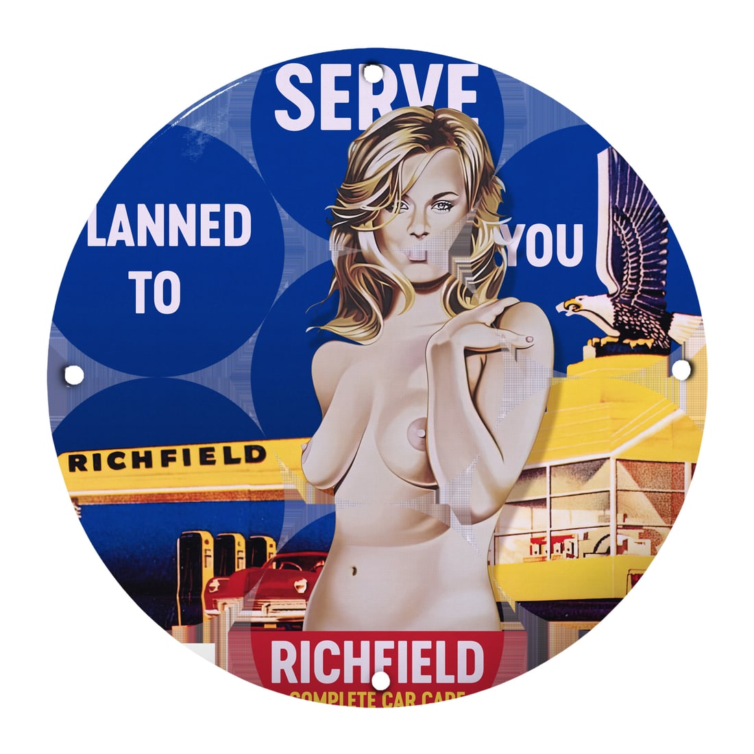 Vintage 12" Round Richfield Pinup Girl Porcelain Sign - Classic Car Art Decor: Elevate your space with this stunning vintage 12-inch round porcelain sign featuring a captivating pinup girl advertising Richfield Complete Car Care. Ideal for collectors and automotive enthusiasts, 