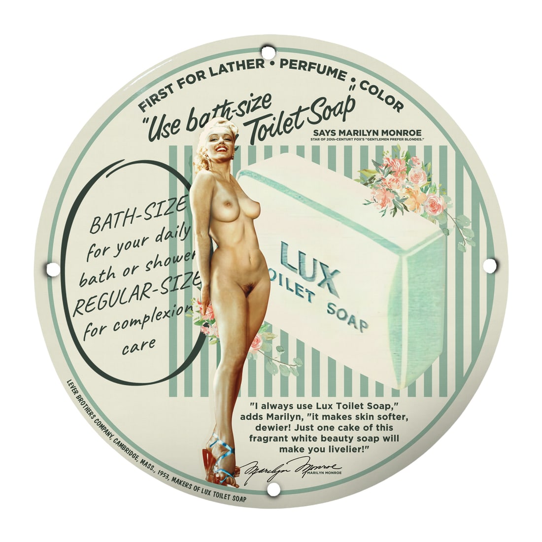 Vintage Pinup Girl Lux Toilet Soap 12" Porcelain Sign - Marilyn Monroe Art: Dive into a nostalgic era with this vivid 12-Inch Round Porcelain Sign featuring a classic pinup girl inspired by the glamorous aesthetics of the 1950s. This charming sign showcases the voluptuous bea