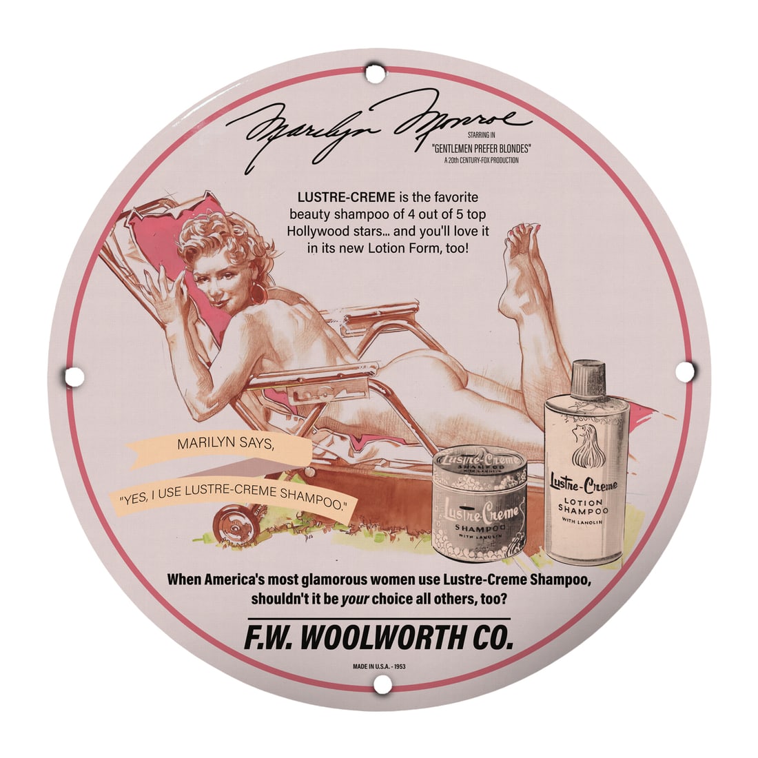 Marilyn Monroe Lustre-Creme Vintage Porcelain Pinup Model Sign - 12-Inch Round: Celebrate Hollywood glamour with this exquisite 12-inch round porcelain pinup sign featuring the iconic Marilyn Monroe. This vintage-inspired artwork, produced by F.W. Woolworth Co. in 1953, highlight