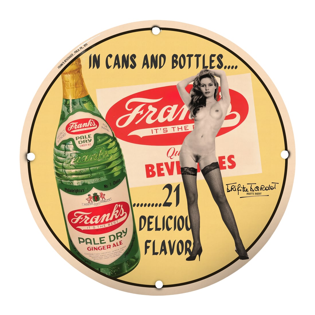 Vintage Frank's Pale Dry Pinup Girl Sign - Nostalgic Beverage Art Decor: Discover a piece of nostalgia with our stunning 12-inch round porcelain sign featuring the iconic pinup girl for Frank's Pale Dry Ginger Ale. This elegant and eye-catching sign is perfect for collecto