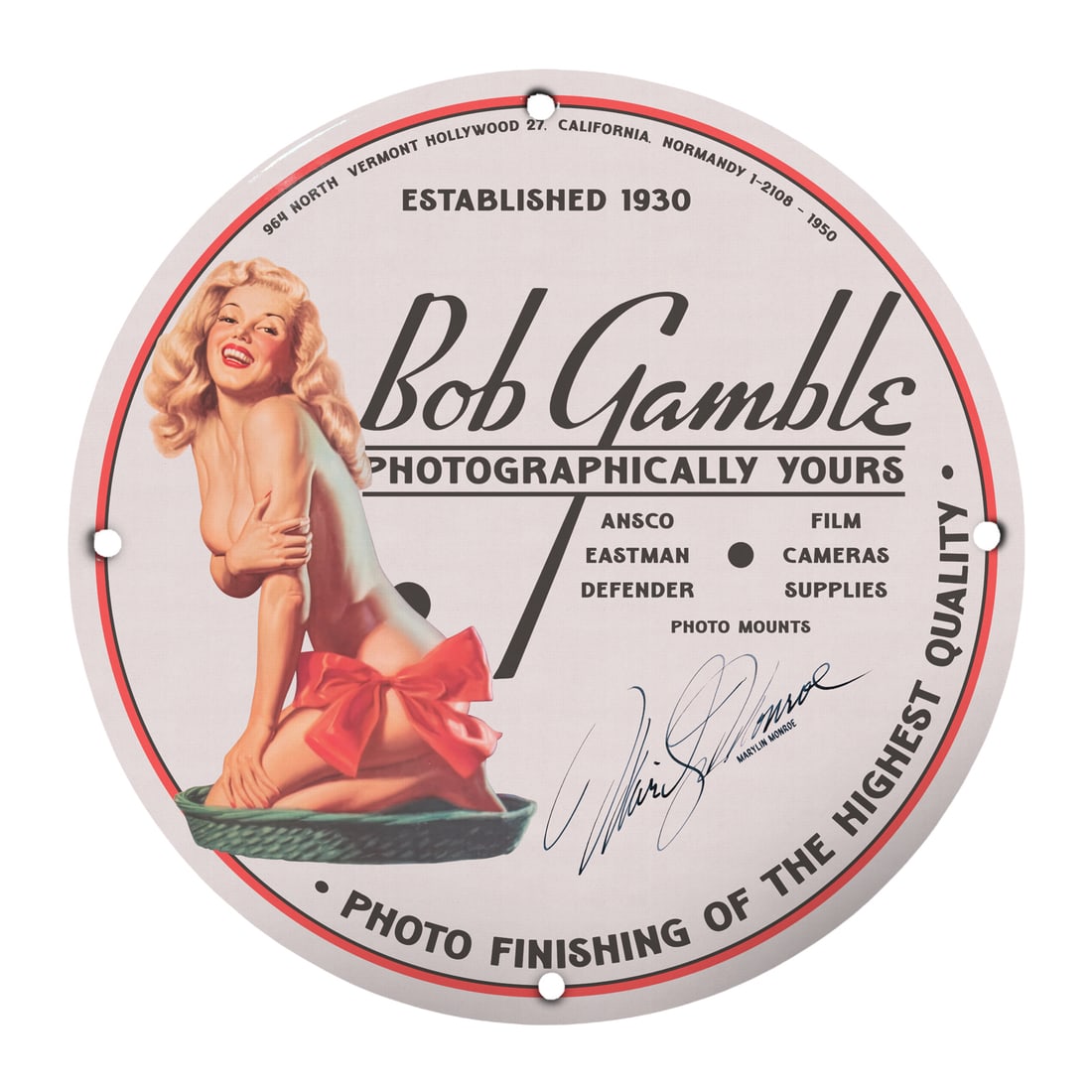 Vintage Pinup Girl Porcelain Sign: Bob Gamble Photography Memorabilia: Discover this stunning 12-inch round porcelain sign featuring a classic pinup girl design, perfect for collectors and enthusiasts of vintage memorabilia. The vibrant artwork showcases a playful and ch