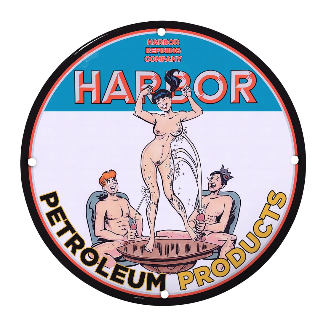 Vintage 12" Round Porcelain Pinup Girl Sign - Harbor Petroleum Products: This stunning 12-inch round porcelain sign features a captivating pinup girl design, embodying a nostalgic charm that harks back to the playful art of the mid-20th century. This particular sign is a w
