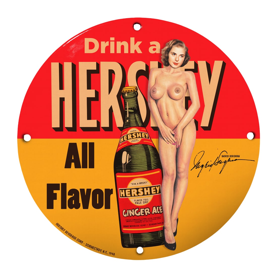 Vintage 1948 Hershey's Ginger Ale Pinup Girl Porcelain Sign - Collectible Decor (1 of 1)