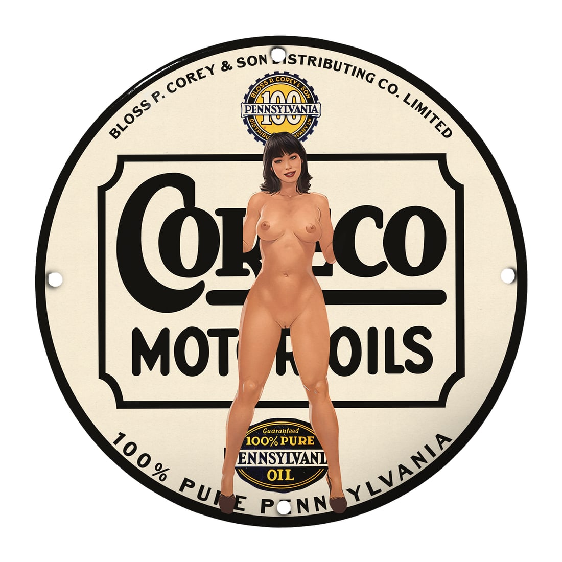 Vintage Pinup Girl Porcelain Sign - Coraco Motor Oils - 12" Round Collectible (1 of 1)