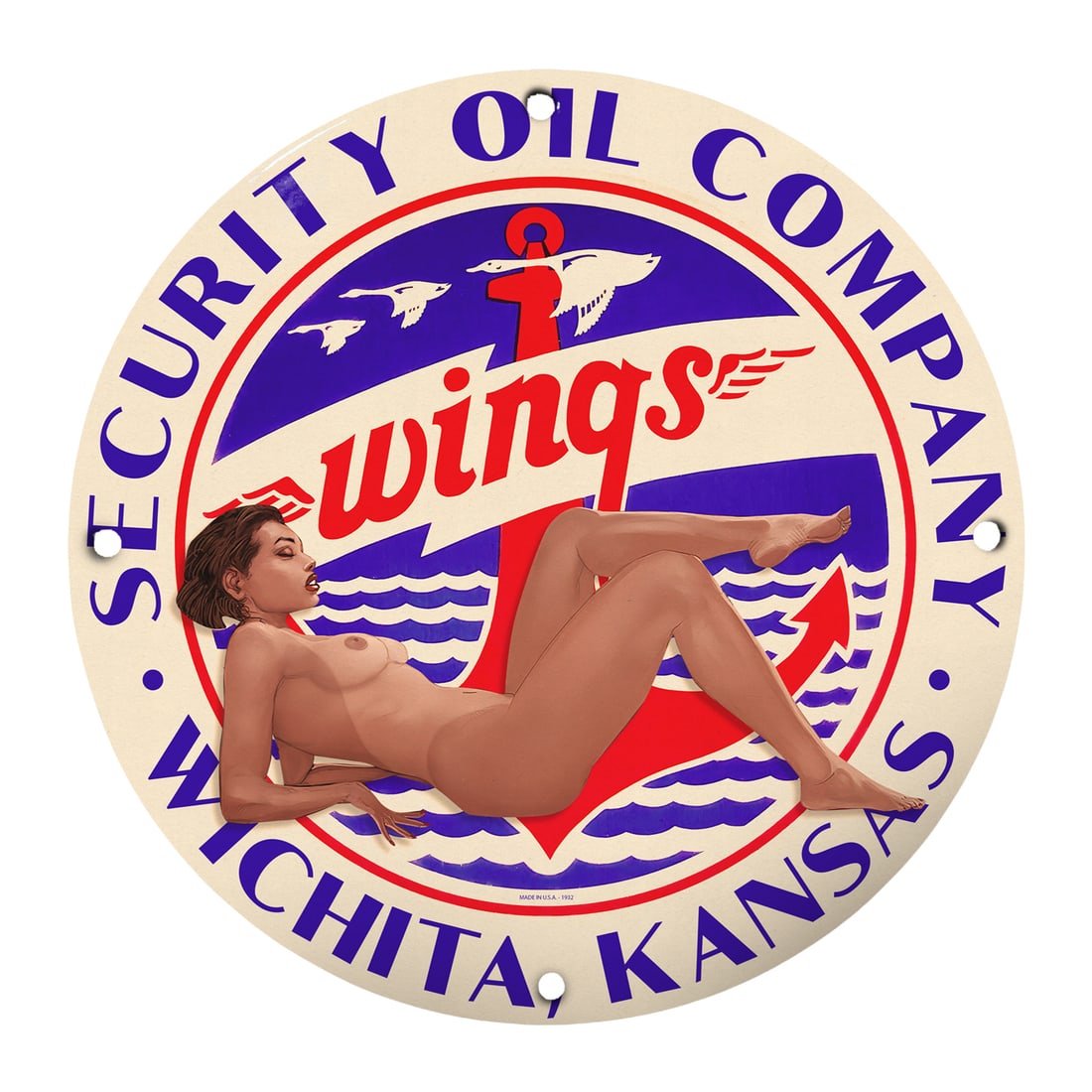 Vintage Style 12" Porcelain Pinup Girl Sign - Security Oil Company, Wichita, Kansas: This striking 12-inch round porcelain sign features an alluring pinup girl artfully styled against the backdrop of the Security Oil Company logo, known for its captivating visual appeal. A delightful 