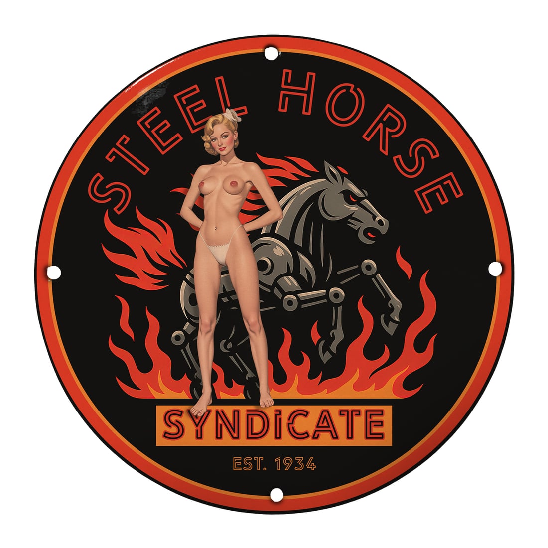 Vintage Pin-Up Girl Steel Horse Syndicate Porcelain Sign - 12" Round Collector's Item: Discover the allure of classic Americana with this striking 12-inch round porcelain sign featuring a stunning pin-up girl design that captures the essence of mid-20th century nostalgia. Celebrate the 
