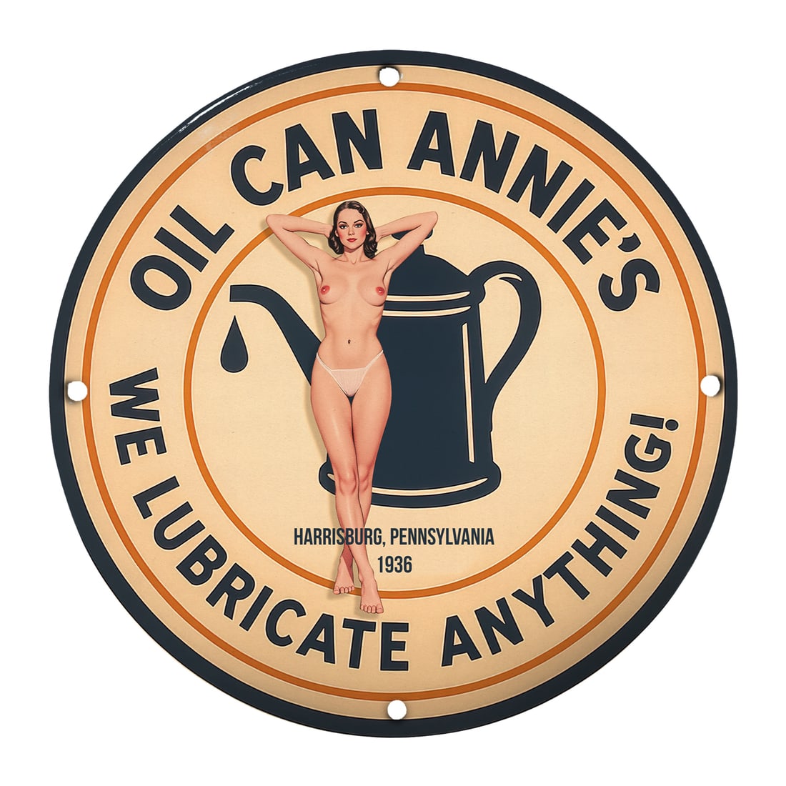 Vintage Pinup Girl Porcelain Sign - Oil Can Annie's (1936): Discover the charm of vintage advertising with this stunning 12" round porcelain sign featuring a captivating pinup girl design. This particular sign, reminiscent of 1936, captures the essence of mid-